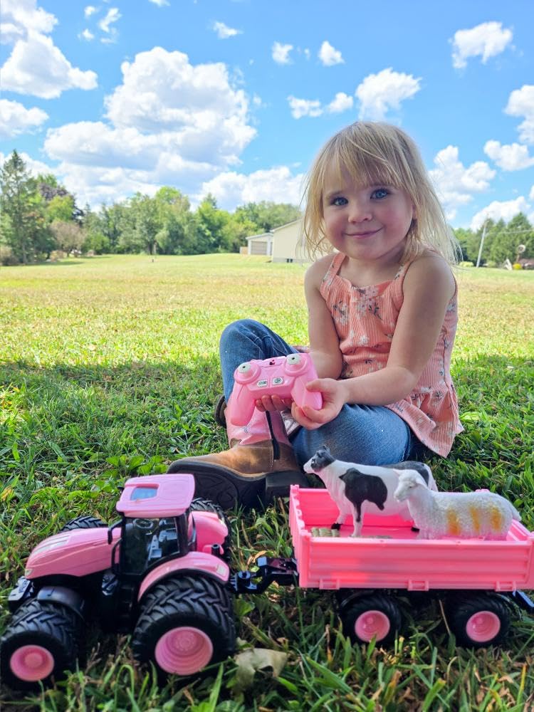 Uarzt Remote Control Tractor Toy Set in Pink – 8-Wheel Front Loader & Trailer (2.4GHz)