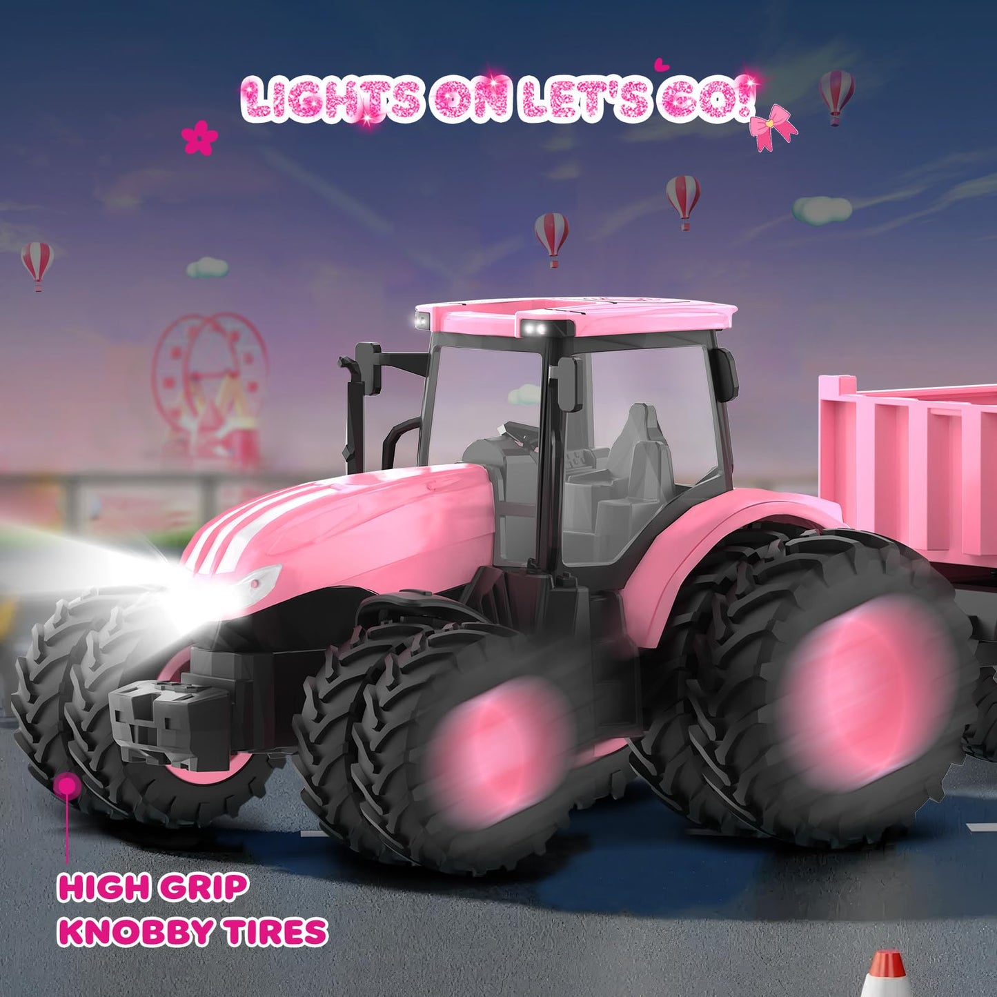 Uarzt Remote Control Tractor Toy Set in Pink – 8-Wheel Front Loader & Trailer (2.4GHz)