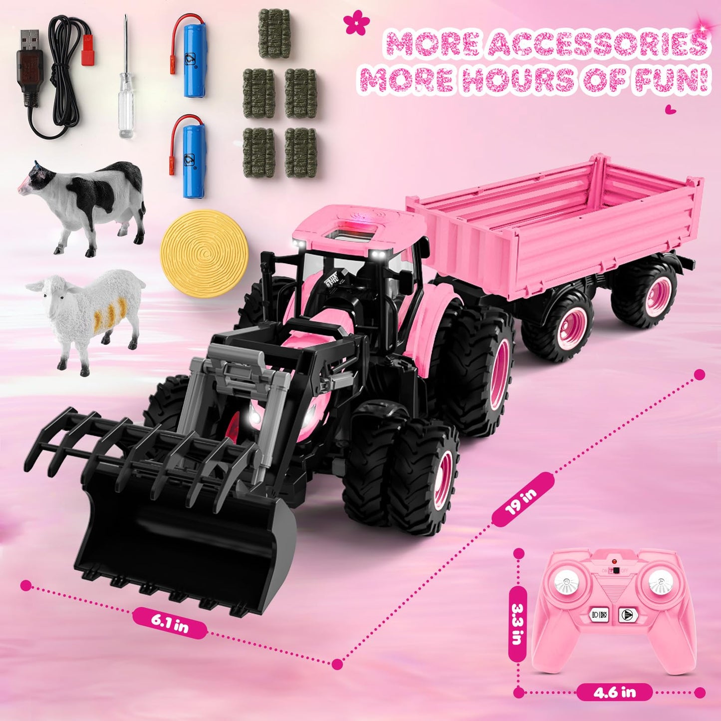 Uarzt Remote Control Tractor Toy Set in Pink – 8-Wheel Front Loader & Trailer (2.4GHz)