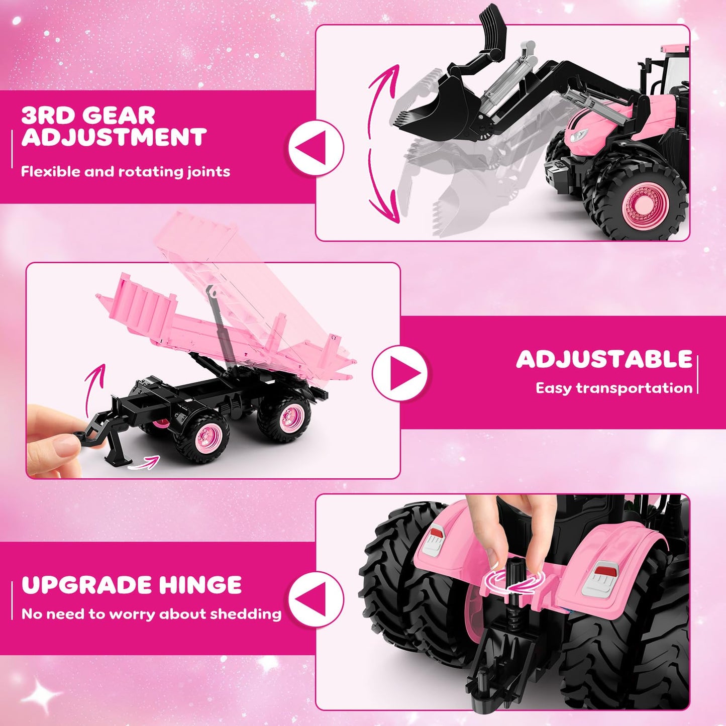Uarzt Remote Control Tractor Toy Set in Pink – 8-Wheel Front Loader & Trailer (2.4GHz)