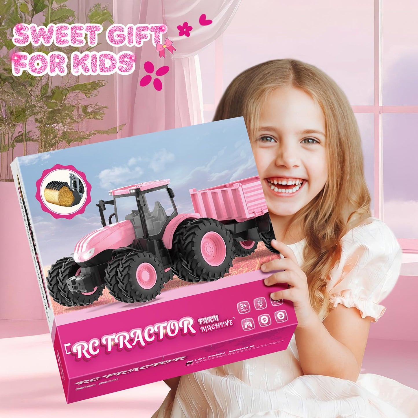 Uarzt Remote Control Tractor Toy Set in Pink – 8-Wheel Front Loader & Trailer (2.4GHz)