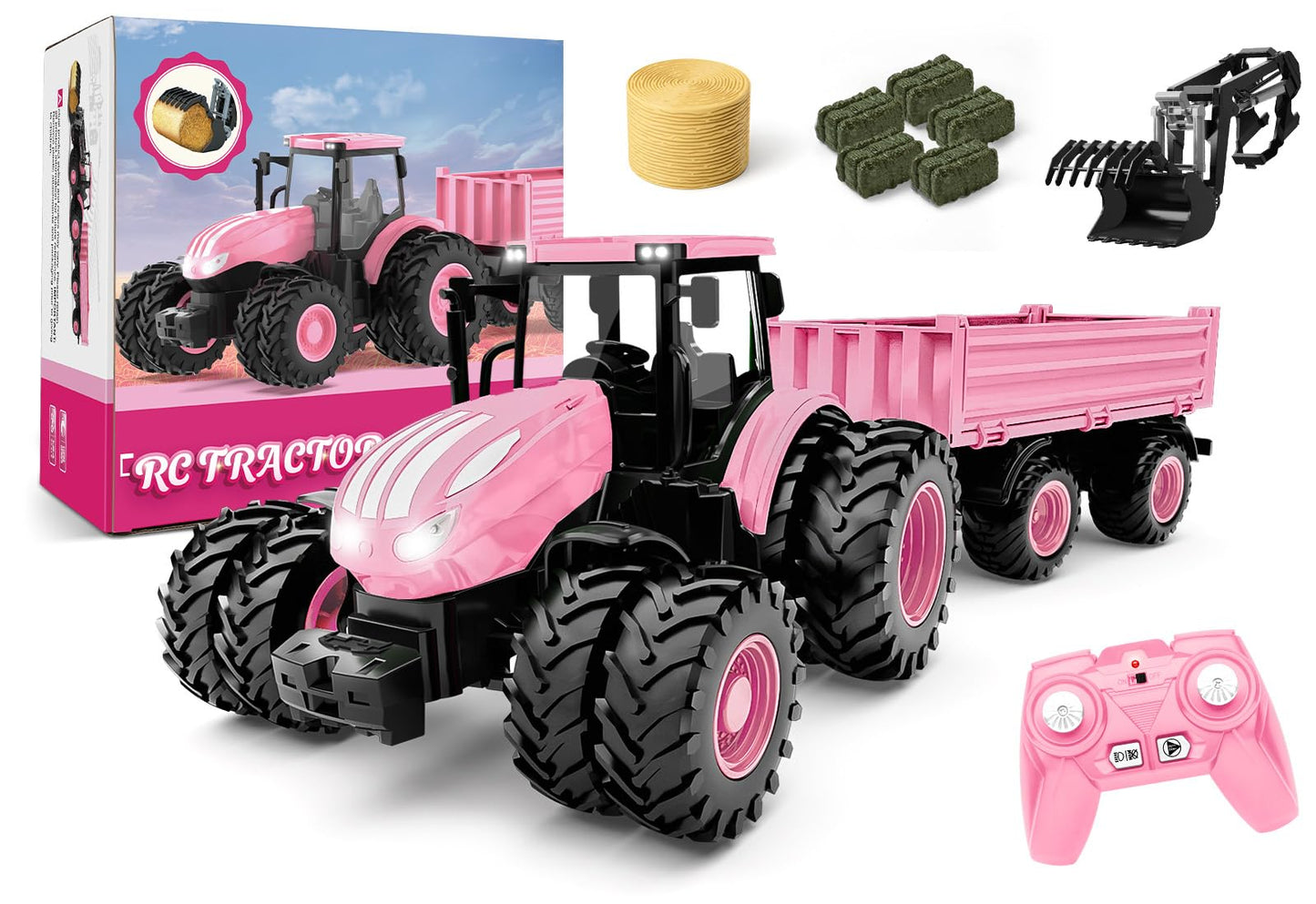 Uarzt Remote Control Tractor Toy Set in Pink – 8-Wheel Front Loader & Trailer (2.4GHz)