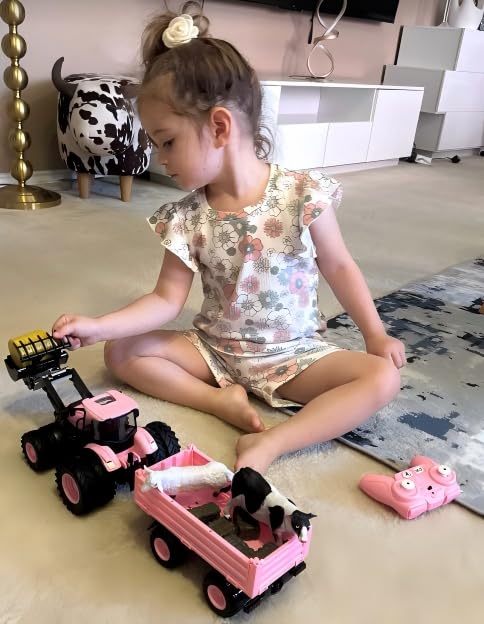 Uarzt Remote Control Tractor Toy Set in Pink – 8-Wheel Front Loader & Trailer (2.4GHz)