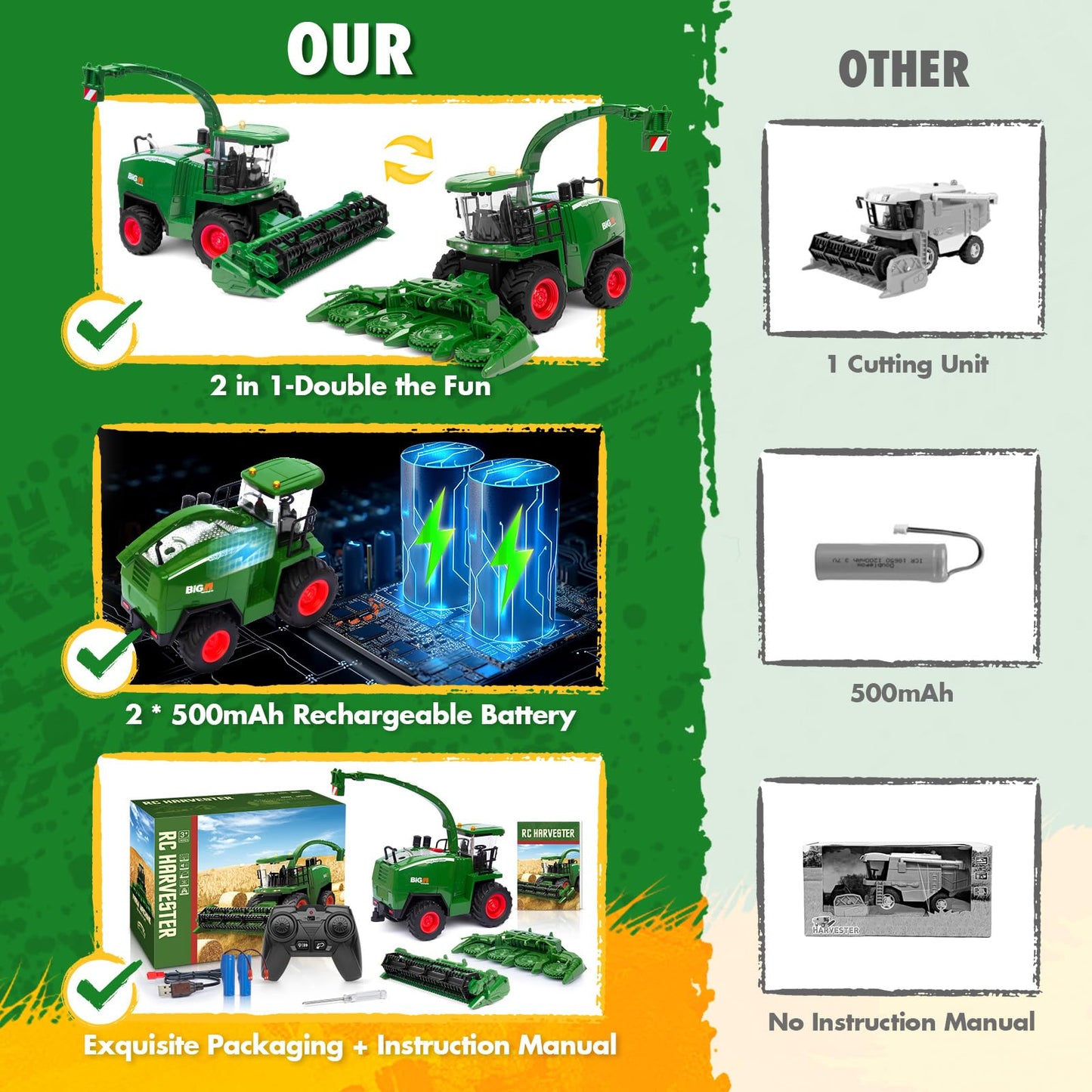 Uarzt 1/24 RC Harvester Tractor Toy – Dual Batteries, Interchangeable Heads, Realistic Lights