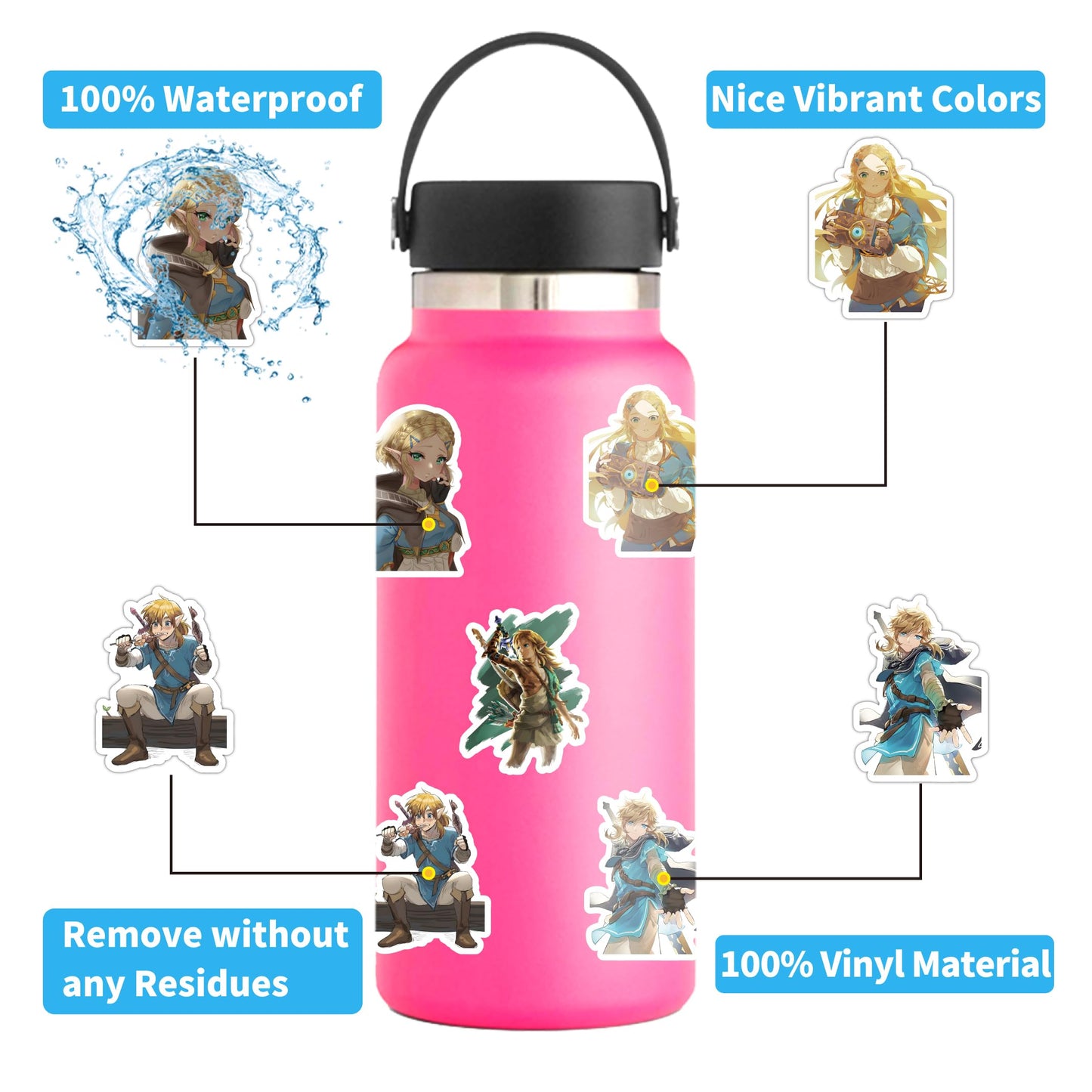 UBOFUGS 100Pcs Zelda Sticker Pack – Waterproof Vinyl Aesthetics for Laptops and More