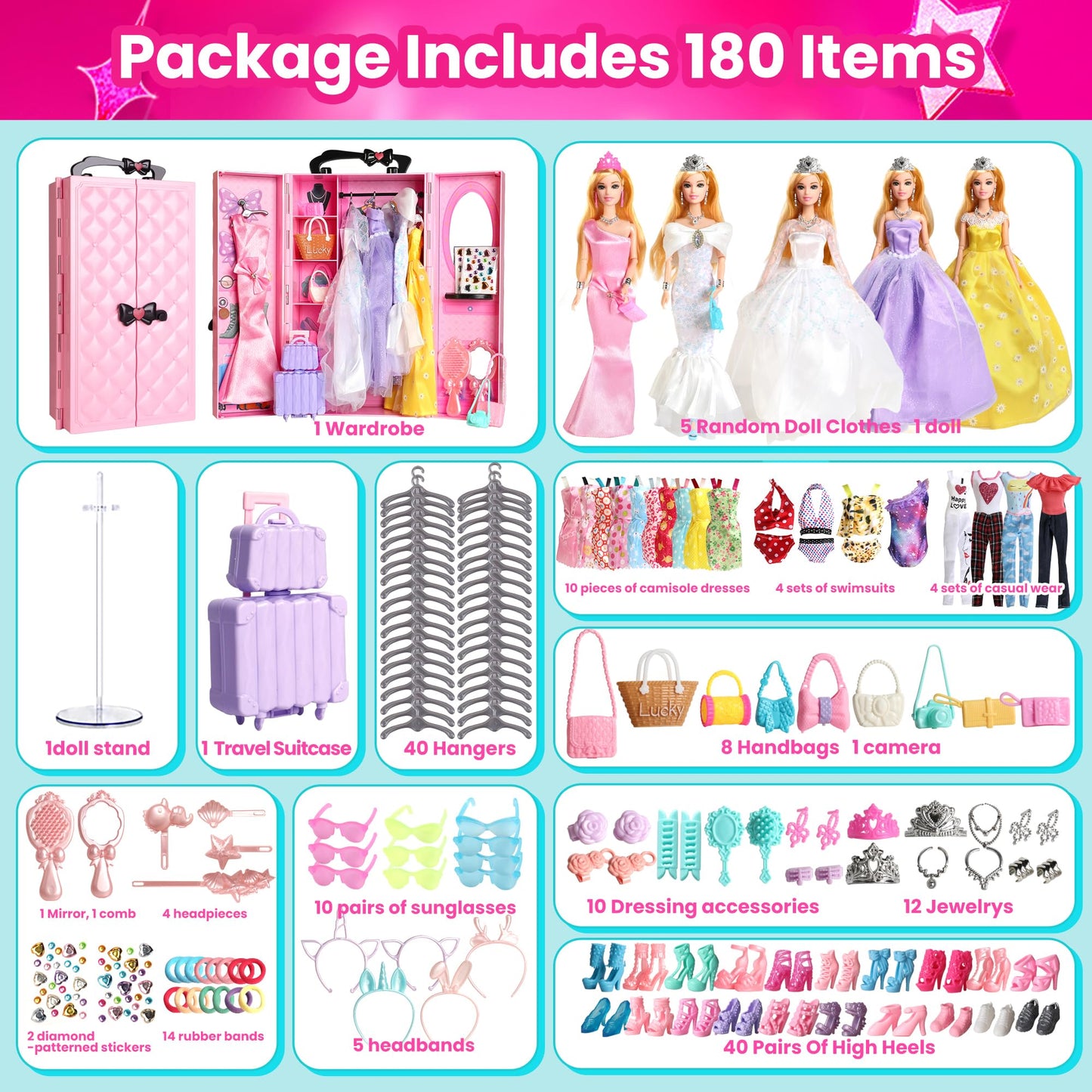 UCanaan 180 Pcs Doll Clothes & Accessories Set | 11.5-Inch Wardrobe for Girls 3+