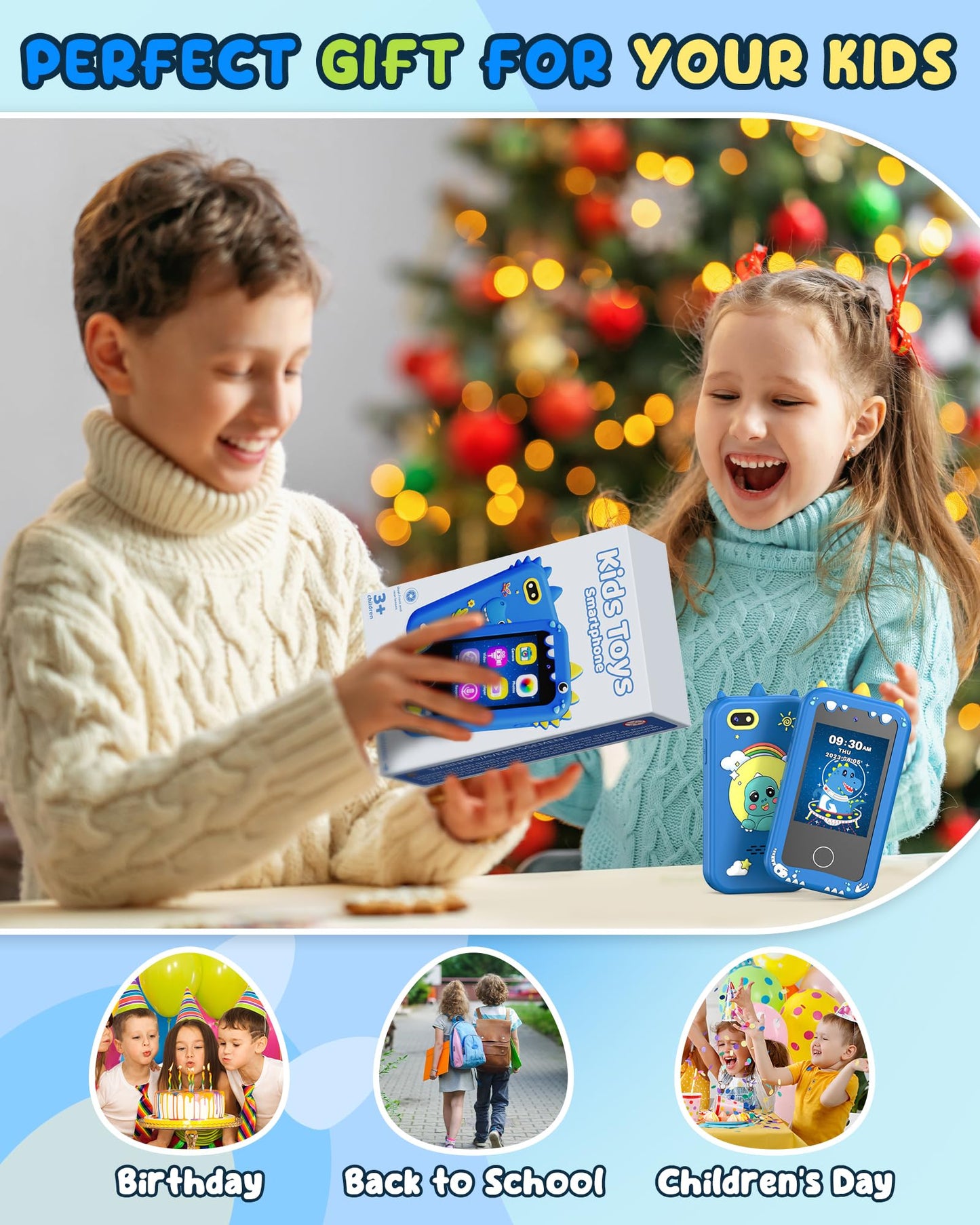 UCIDCI Dinosaur Kids Smart Phone Toy – Dual Camera, Music Player & Learning Games for 3–7 Year Olds | Blue