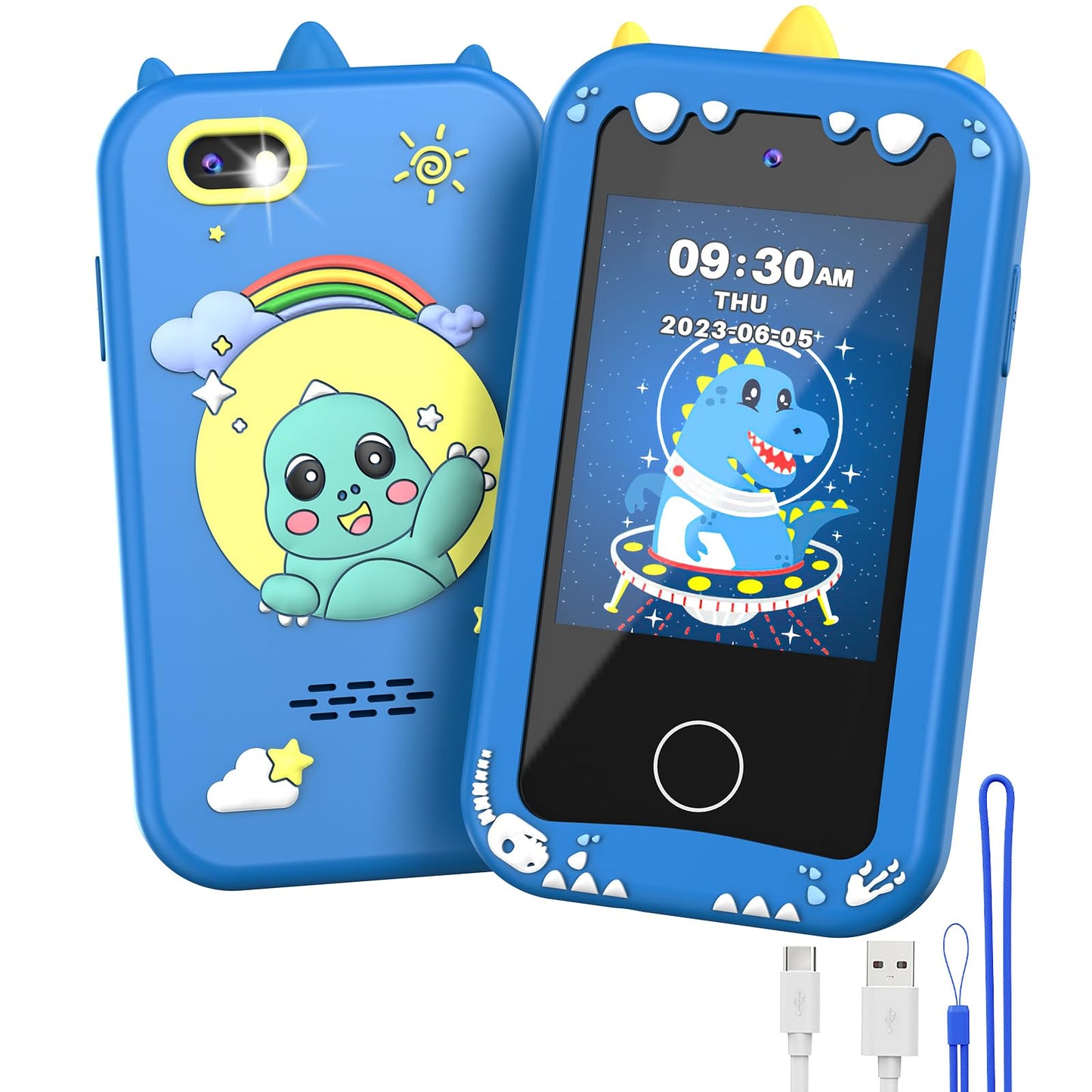 UCIDCI Dinosaur Kids Smart Phone Toy – Dual Camera, Music Player & Learning Games for 3–7 Year Olds | Blue