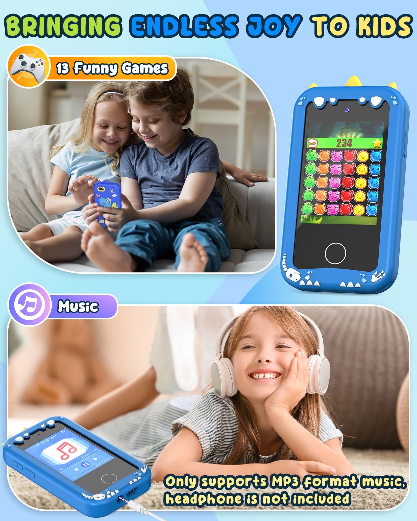UCIDCI Dinosaur Kids Smart Phone Toy – Dual Camera, Music Player & Learning Games for 3–7 Year Olds | Blue