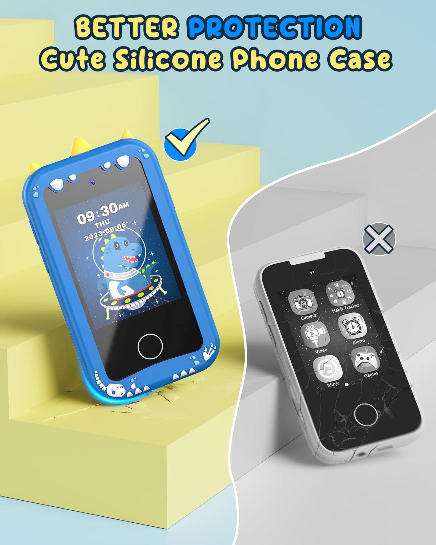 UCIDCI Dinosaur Kids Smart Phone Toy – Dual Camera, Music Player & Learning Games for 3–7 Year Olds | Blue