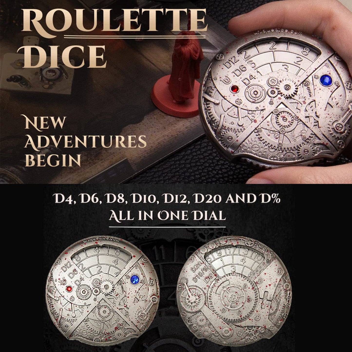 UD UNIQUE DICE: Mechanical Roulette Spinner Dice for DND & TRPG — 7-in-1 Zinc Alloy Dice Set