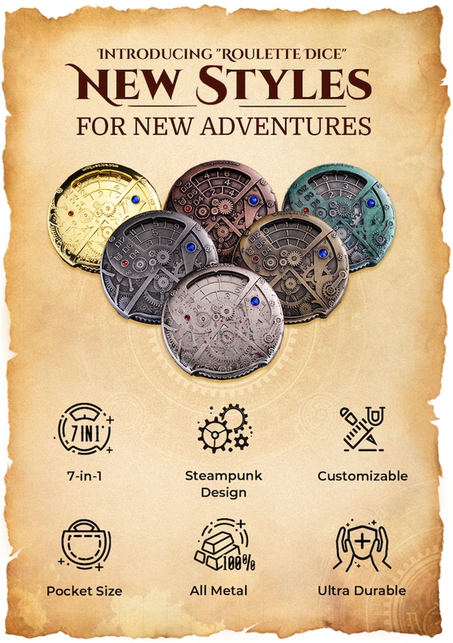 UD UNIQUE DICE: Mechanical Roulette Spinner Dice for DND & TRPG — 7-in-1 Zinc Alloy Dice Set