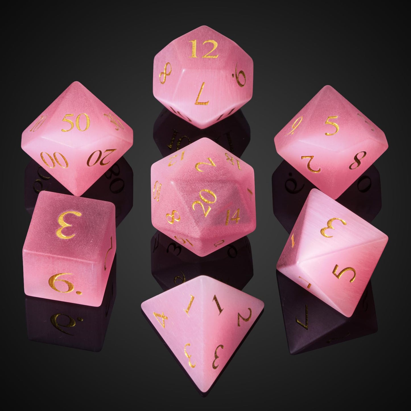UDIXI Natural Gemstone Dice Set – Pink Catseye 7-Piece DND Dice for Tabletop Games
