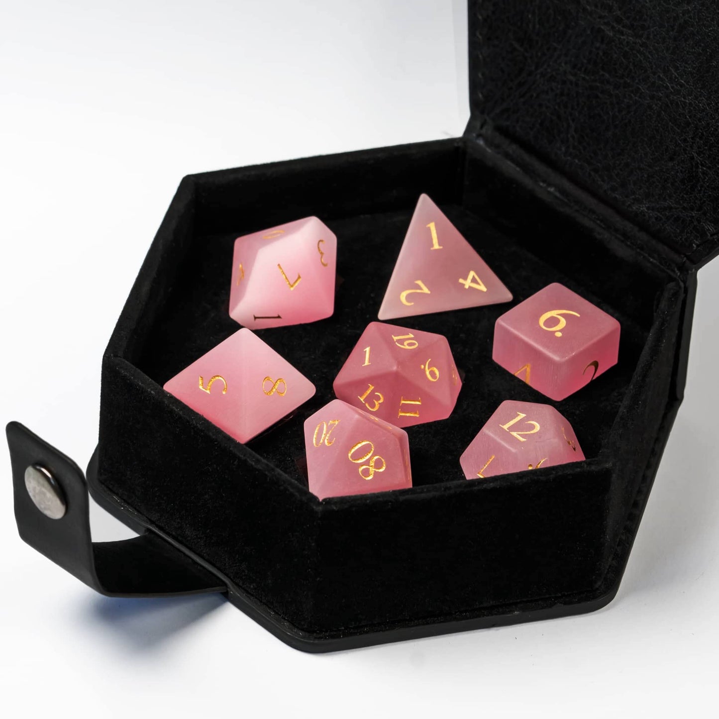 UDIXI Natural Gemstone Dice Set – Pink Catseye 7-Piece DND Dice for Tabletop Games