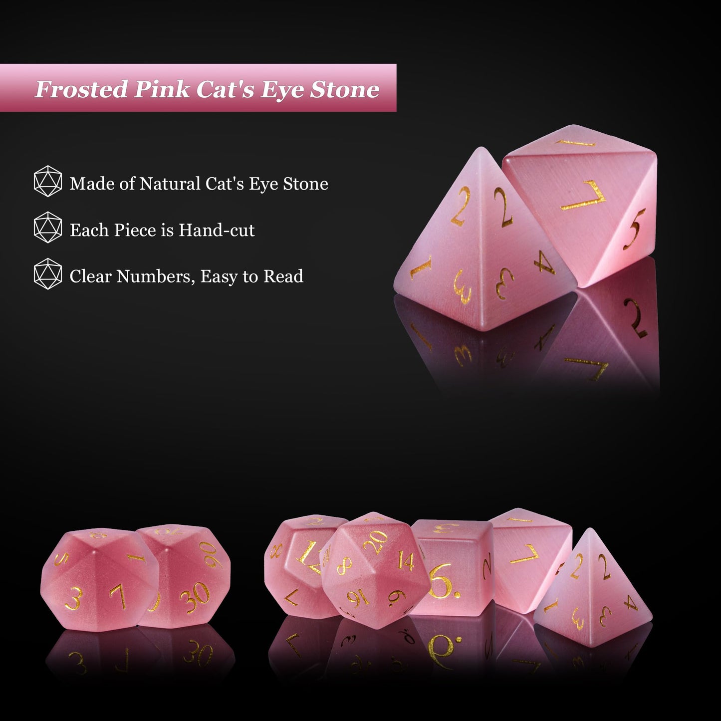 UDIXI Natural Gemstone Dice Set – Pink Catseye 7-Piece DND Dice for Tabletop Games