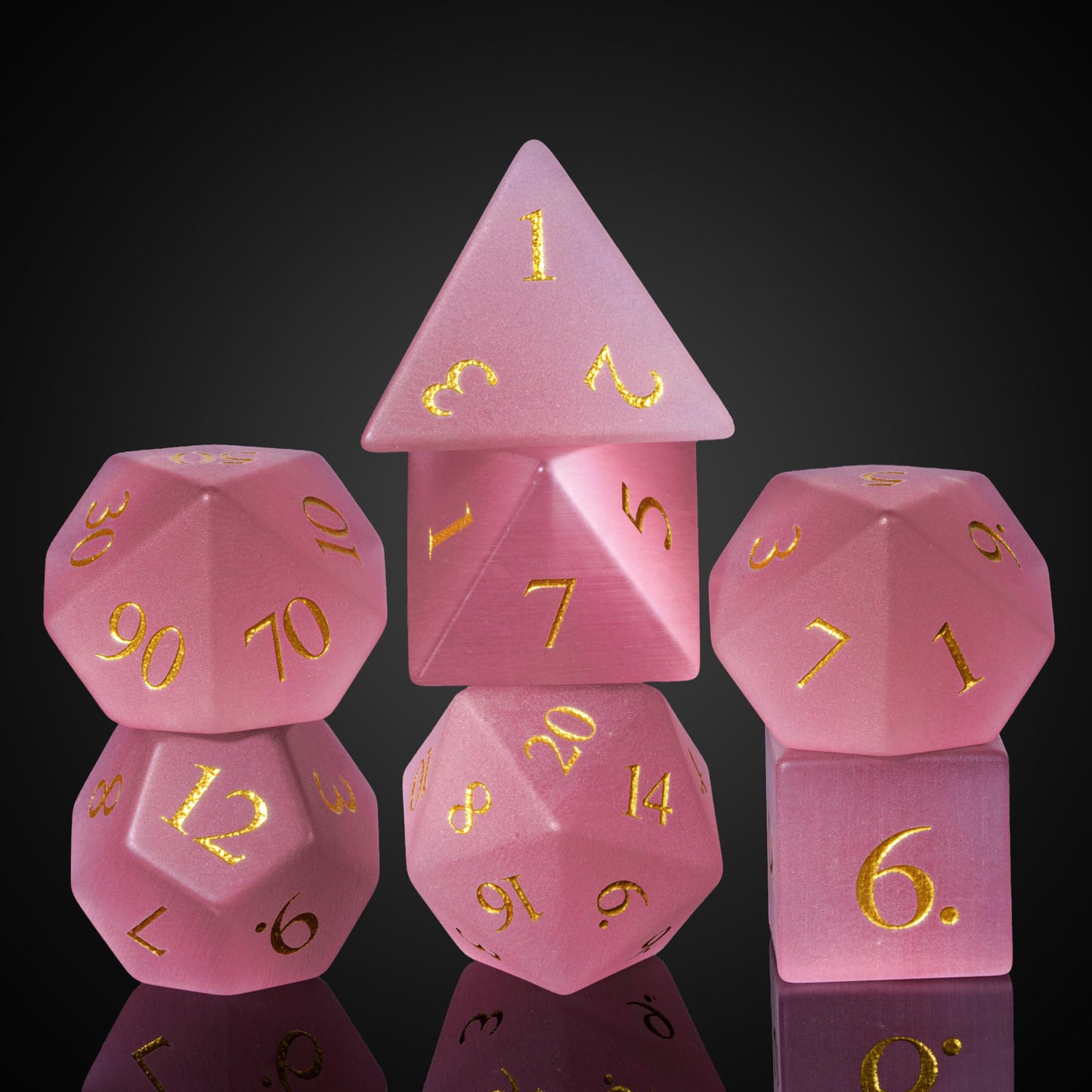 UDIXI Natural Gemstone Dice Set – Pink Catseye 7-Piece DND Dice for Tabletop Games