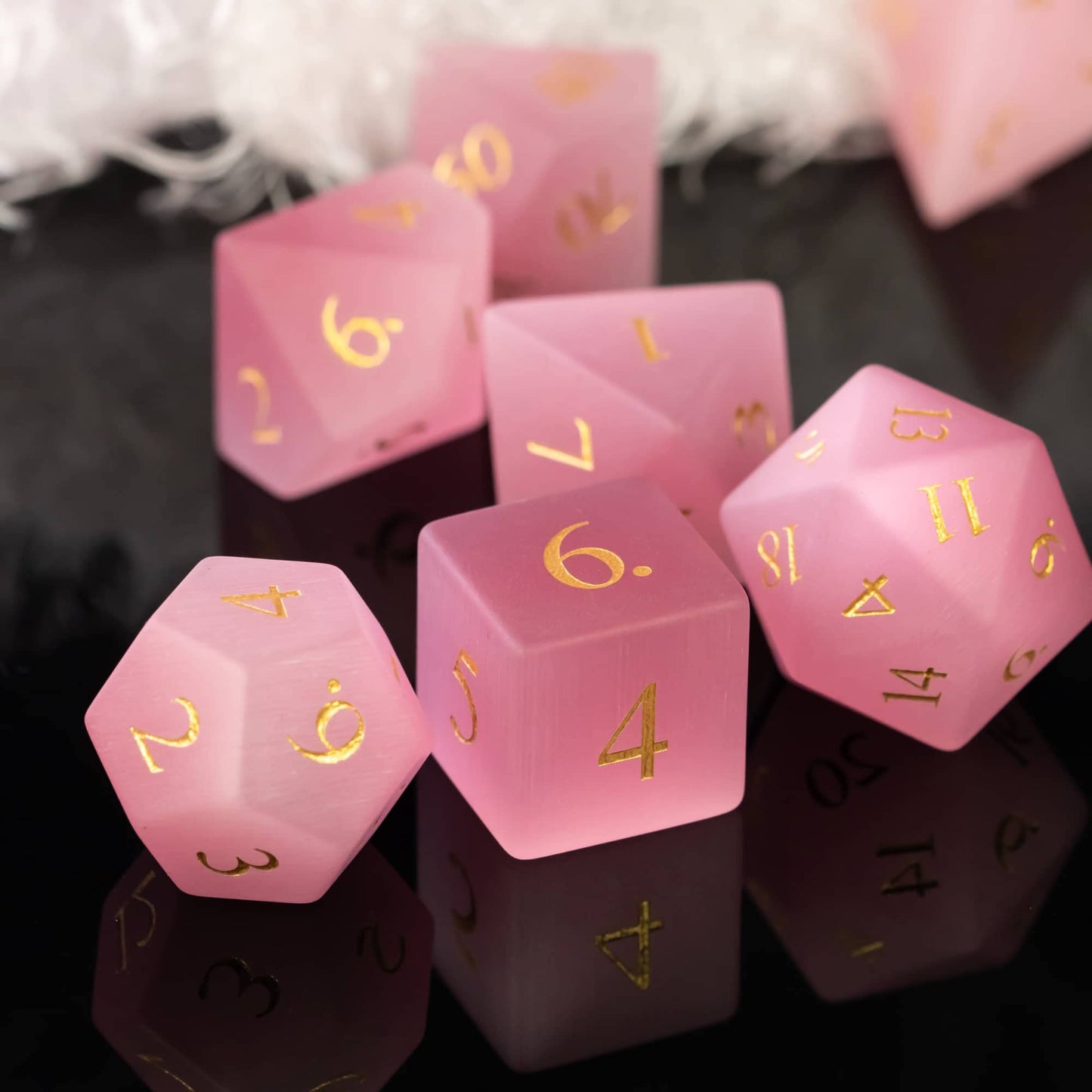UDIXI Natural Gemstone Dice Set – Pink Catseye 7-Piece DND Dice for Tabletop Games