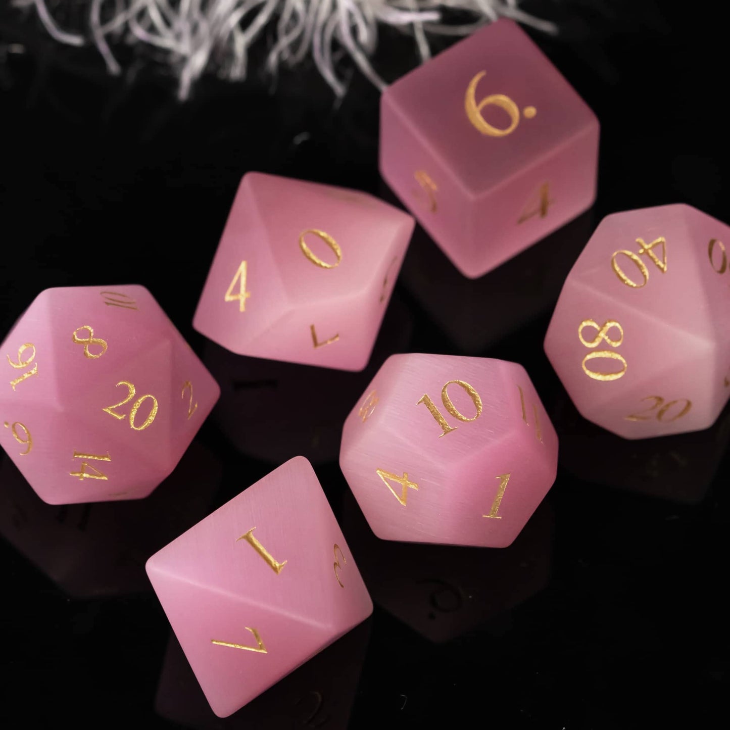 UDIXI Natural Gemstone Dice Set – Pink Catseye 7-Piece DND Dice for Tabletop Games