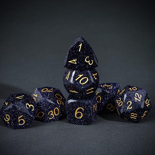 UDIXI 7PCS Gemstone DND Dice Set – Blue Sandstone Polyhedral Dice with Leather Gift Case