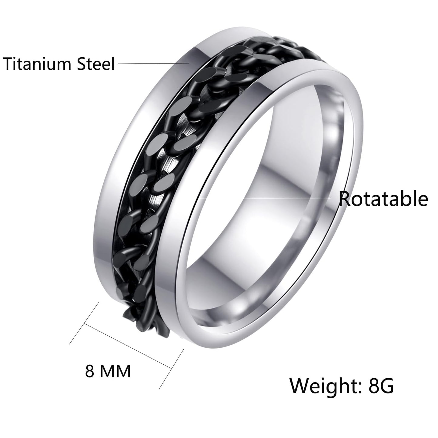 Udolfly Men's Fidget Ring | Titanium Chain Spinner for Anxiety Relief (Size 9)