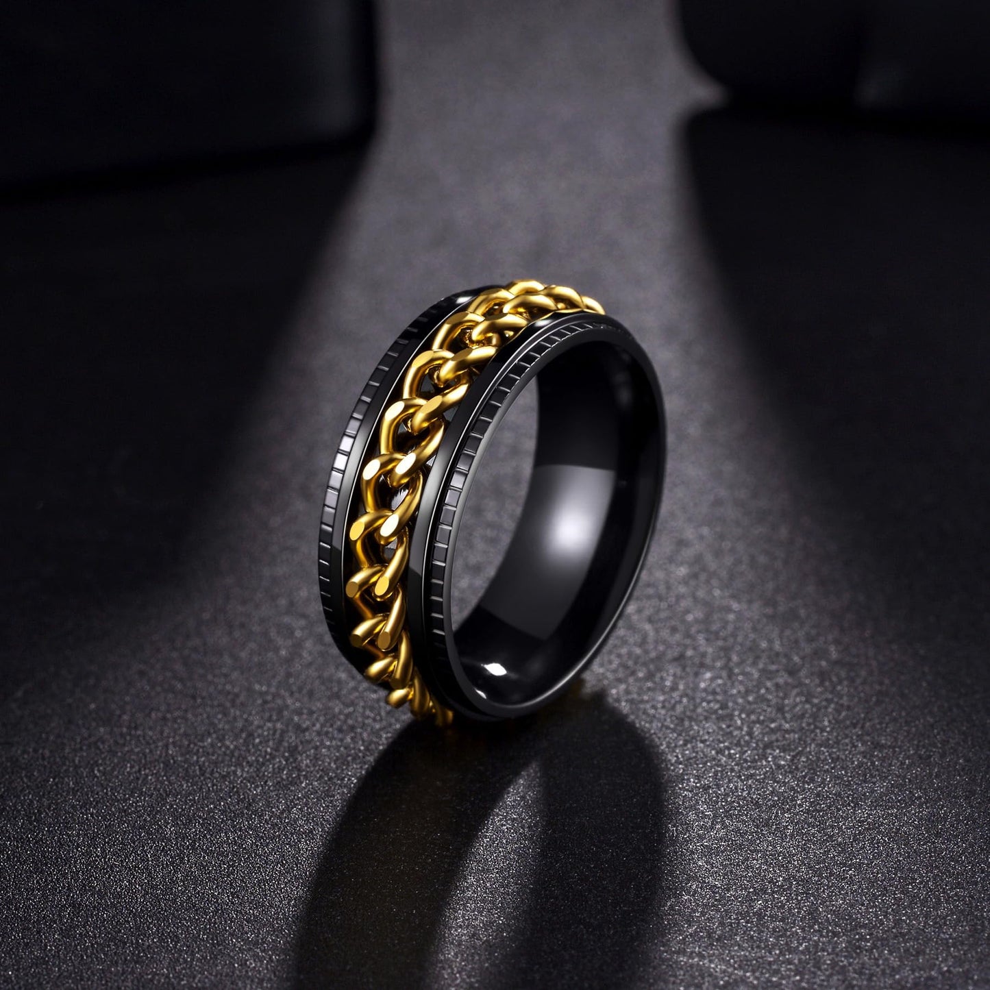 Udolfly Mens Fidget Ring – Titanium Stainless Steel Chain Spinner, 8mm Wide, Black & Gold (Size 8)