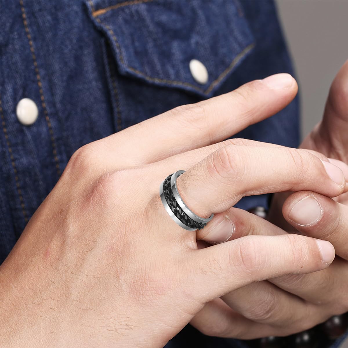 Udolfly Men's Fidget Ring | Titanium Chain Spinner for Anxiety Relief (Size 9)