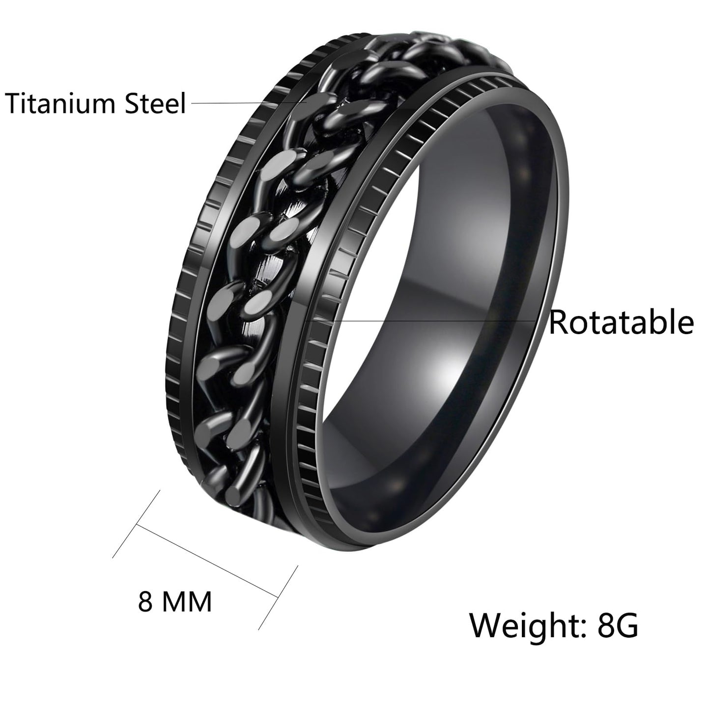 Udolfly Mens Fidget Ring - Titanium Chain Spinner, 8mm Wide