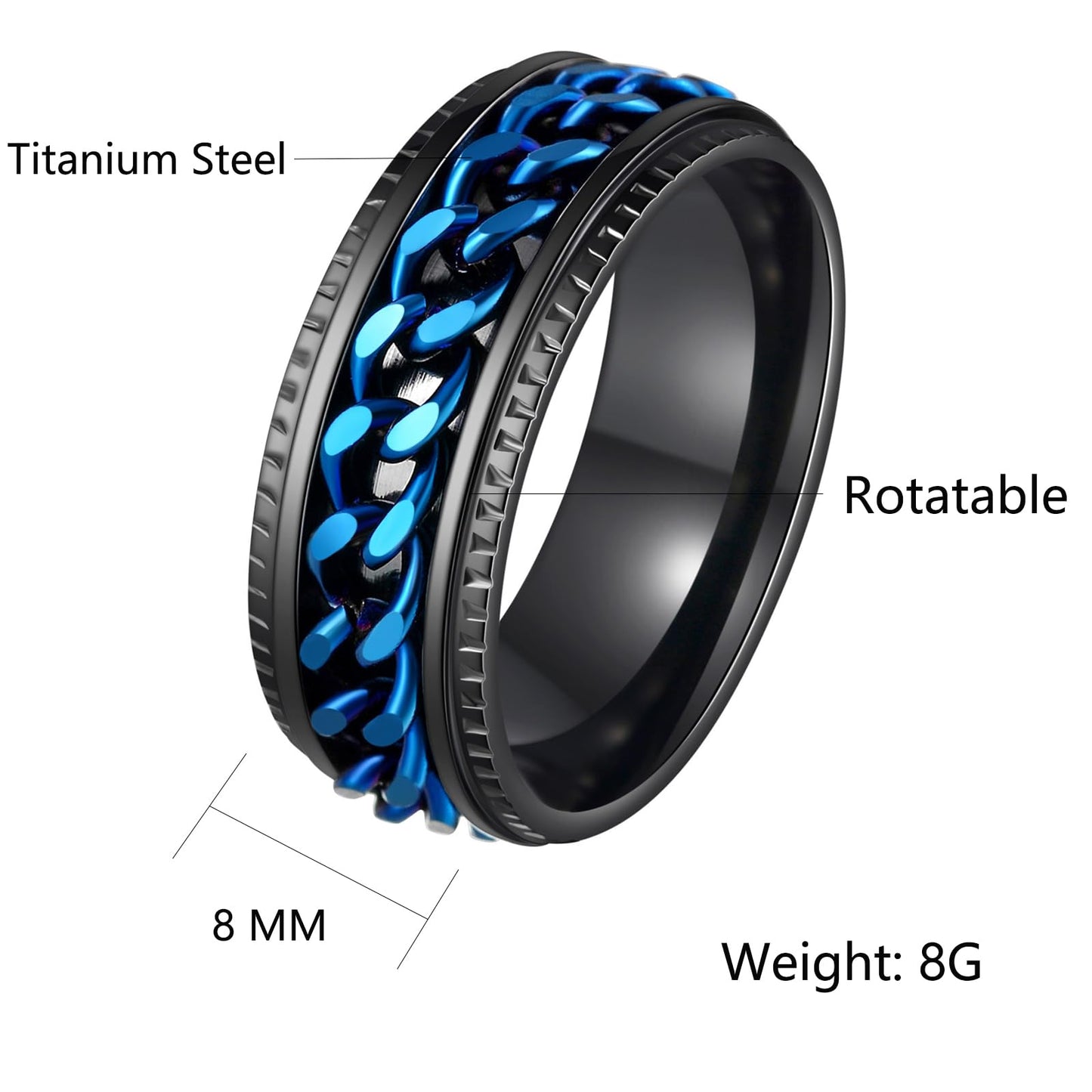 Udolfly Mens Fidget Ring – Titanium Steel Chain Spinner Black Blue Size 10