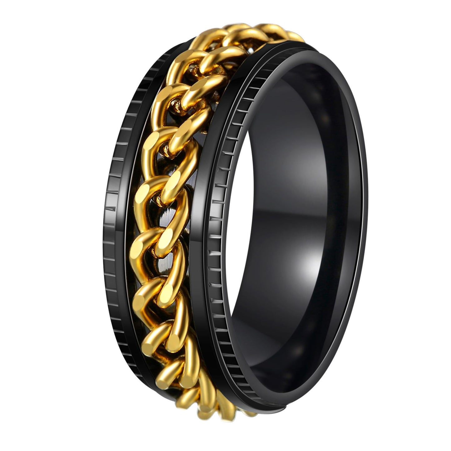 Udolfly Mens Fidget Ring – Titanium Stainless Steel Chain Spinner, 8mm Wide, Black & Gold (Size 8)