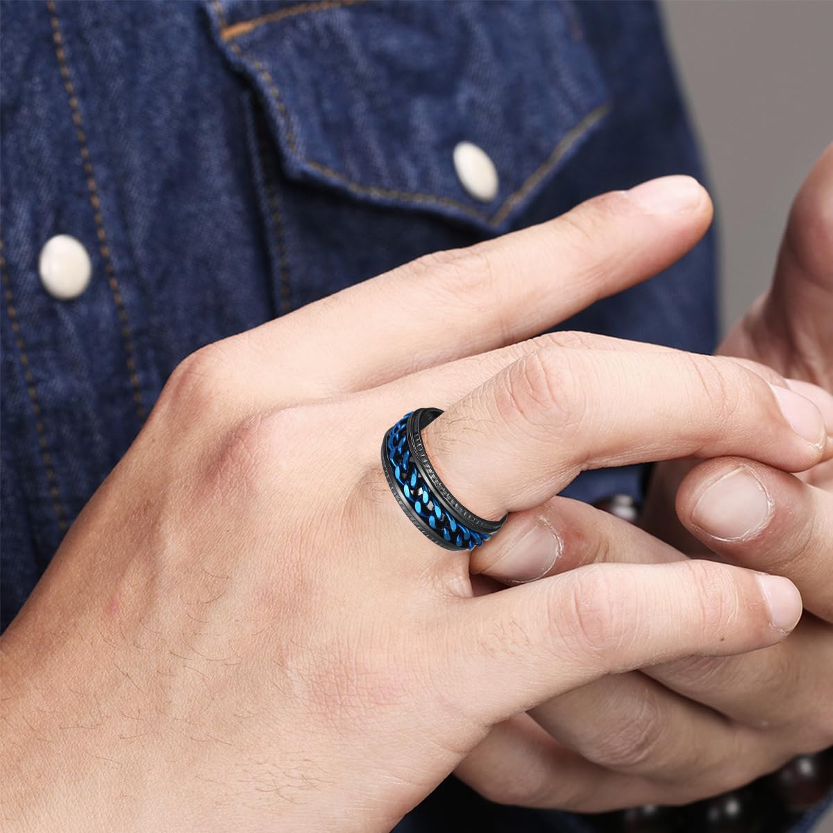 Udolfly Mens Fidget Ring – Titanium Steel Chain Spinner Black Blue Size 10