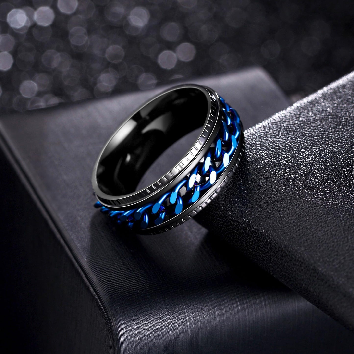 Udolfly Mens Fidget Ring - Titanium Steel Chain Spinner, 8mm Wide, Size 8, Black/Blue