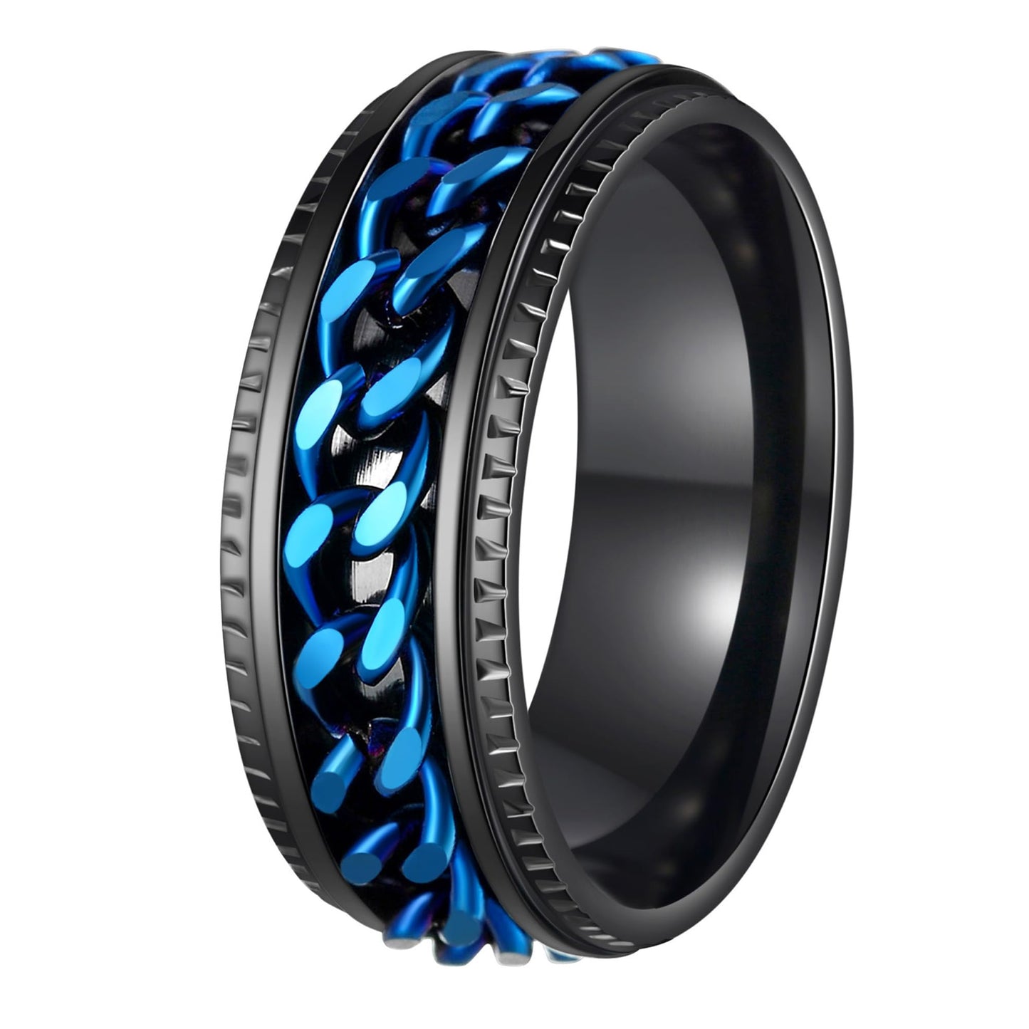 Udolfly Mens Fidget Ring - Titanium Steel Chain Spinner, 8mm Wide, Size 8, Black/Blue