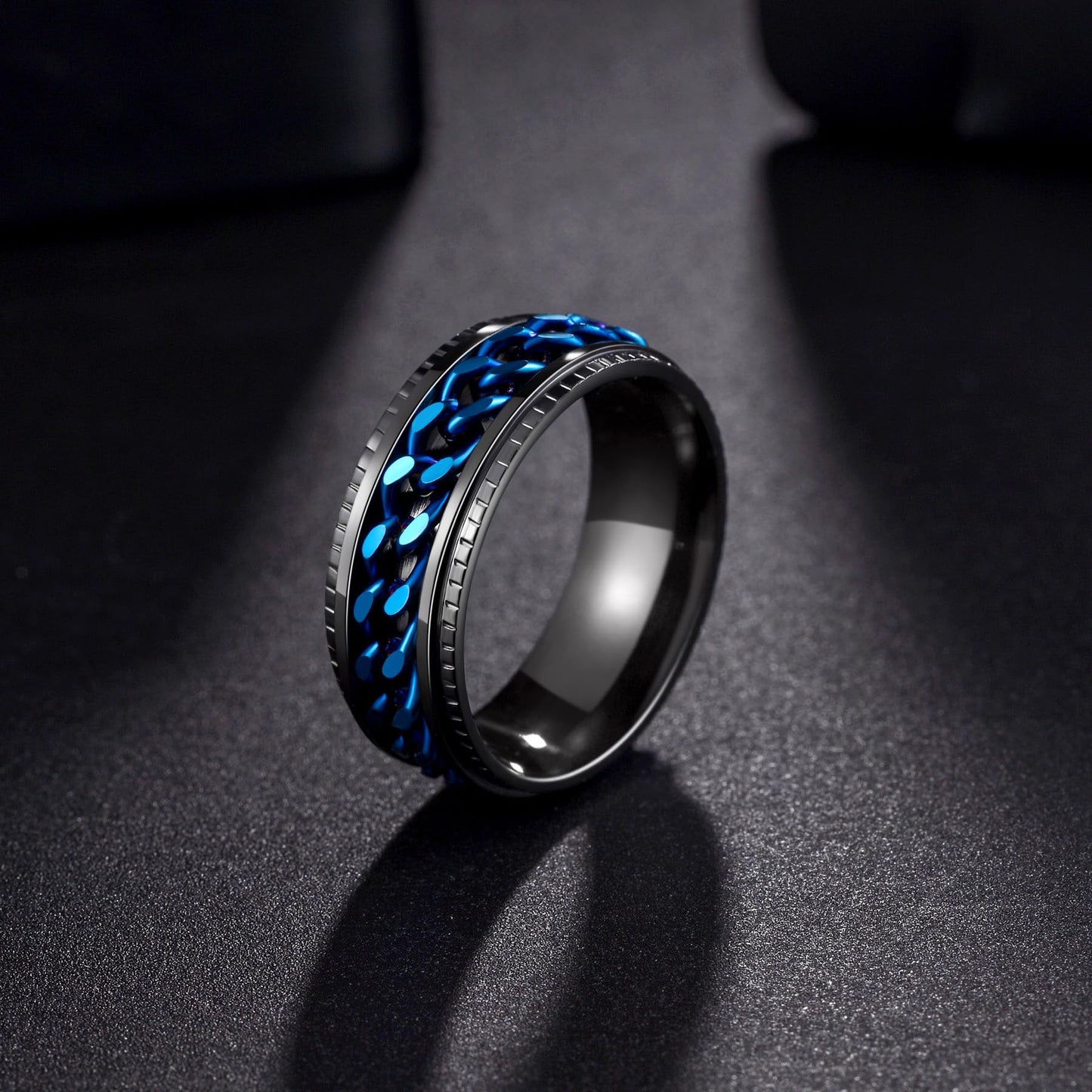 Udolfly Mens Fidget Ring - Titanium Steel Chain Spinner, 8mm Wide, Size 8, Black/Blue