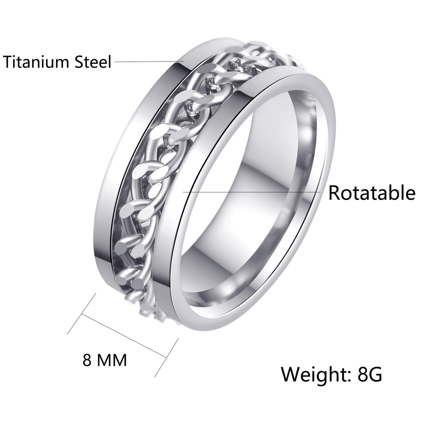 Udolfly Mens Fidget Ring - Titanium Chain Spinner (8mm, Size 10) Unisex