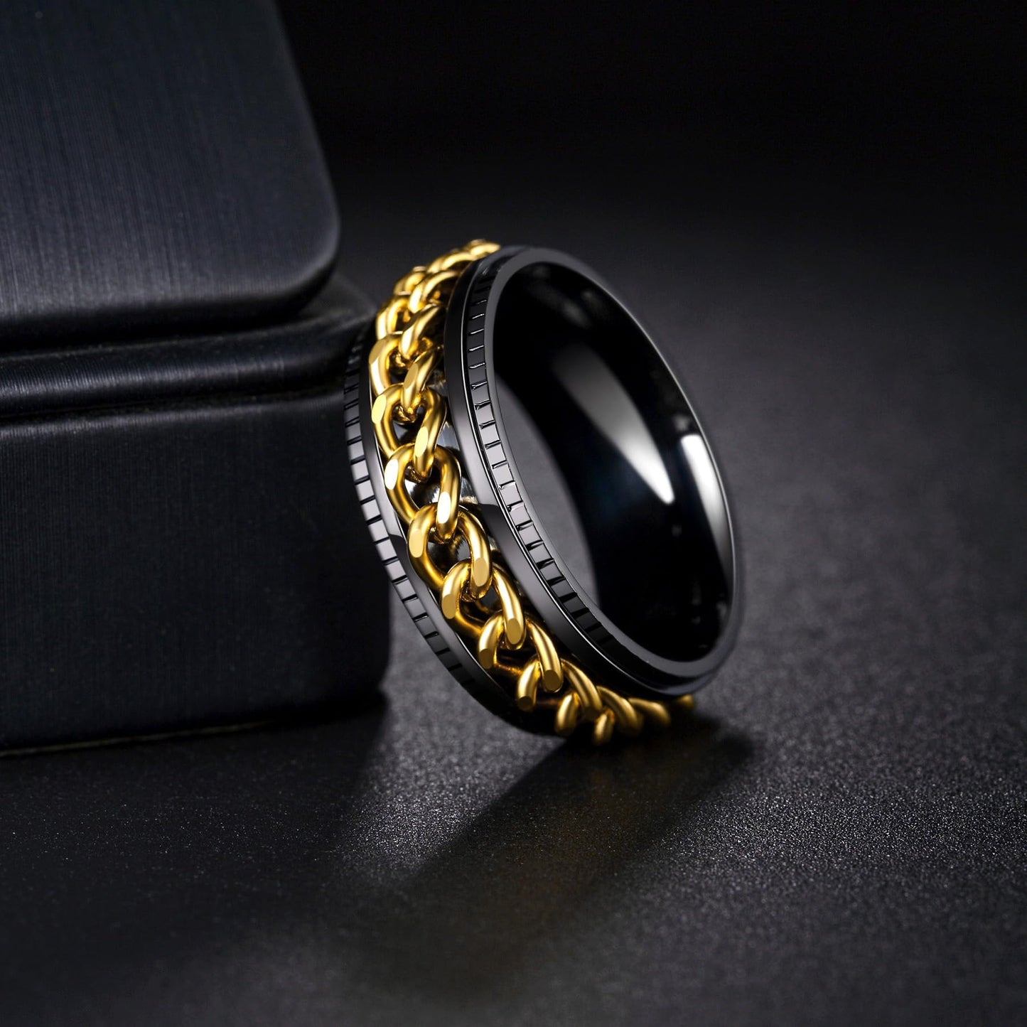 Udolfly Mens Fidget Ring – Titanium Stainless Steel Chain Spinner, 8mm Wide, Black & Gold (Size 8)