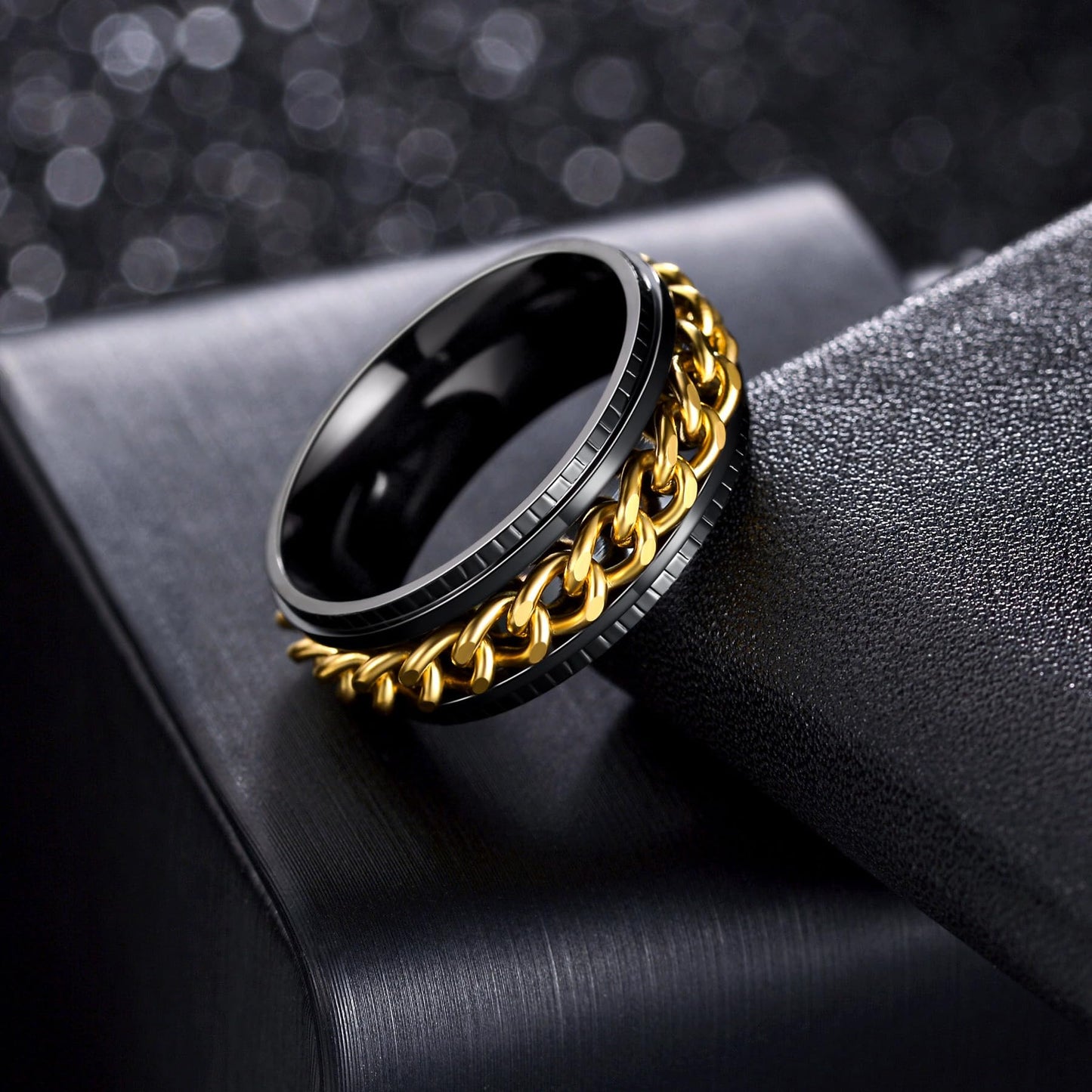 Udolfly Mens Fidget Ring – Titanium Stainless Steel Chain Spinner, 8mm Wide, Black & Gold (Size 8)