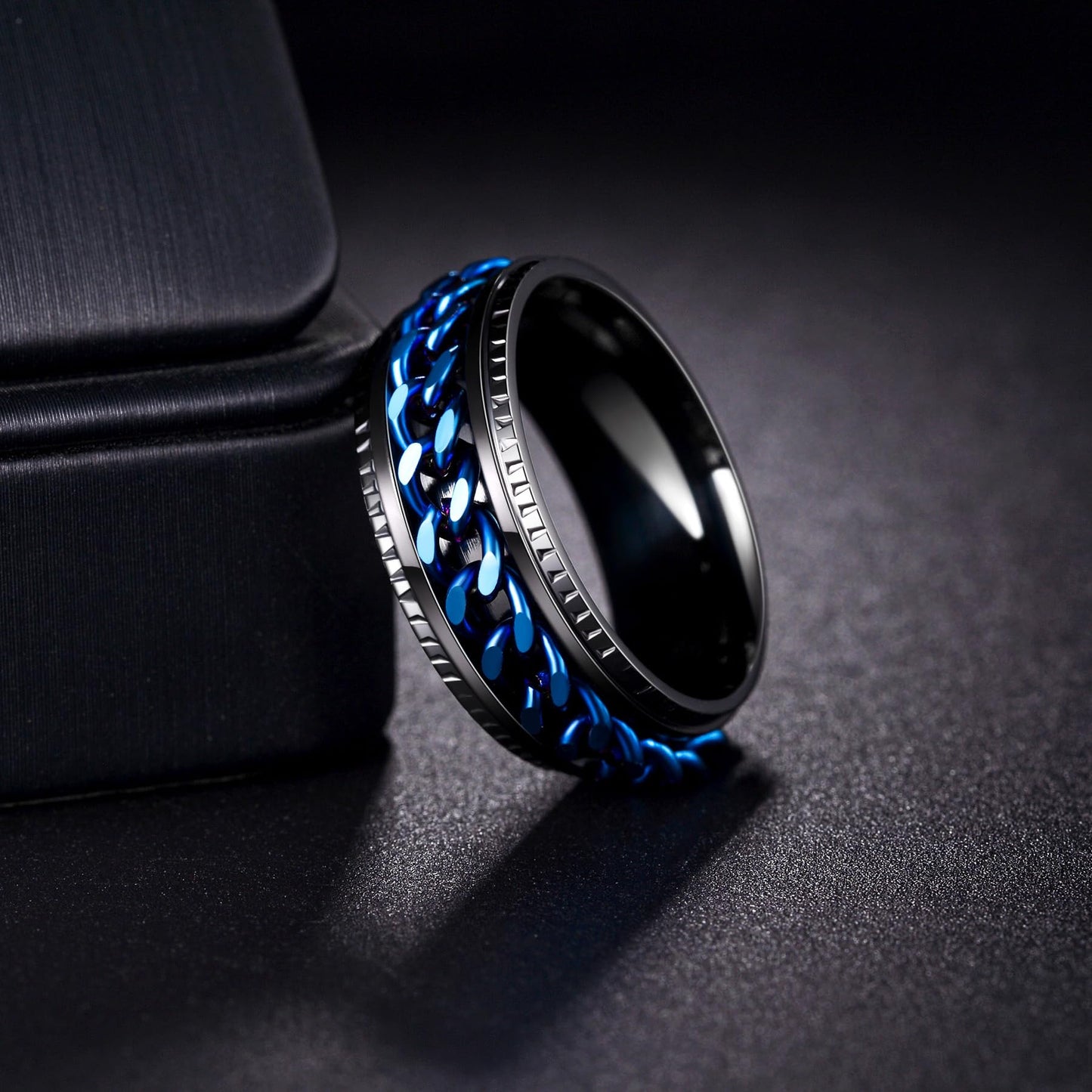 Udolfly Mens Fidget Ring – Titanium Steel Chain Spinner Black Blue Size 10