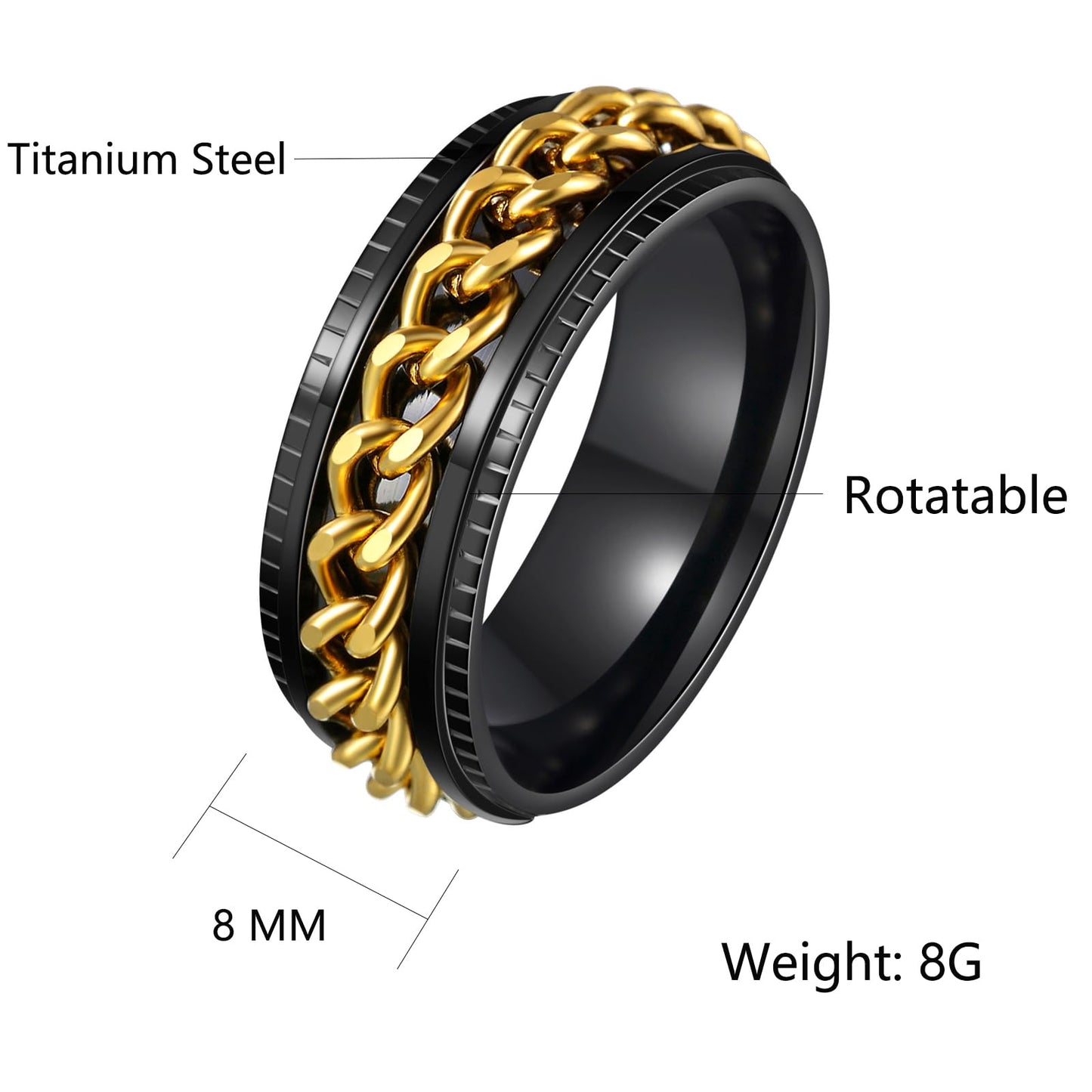 Udolfly Mens Fidget Ring – Titanium Stainless Steel Chain Spinner, 8mm Wide, Black & Gold (Size 8)