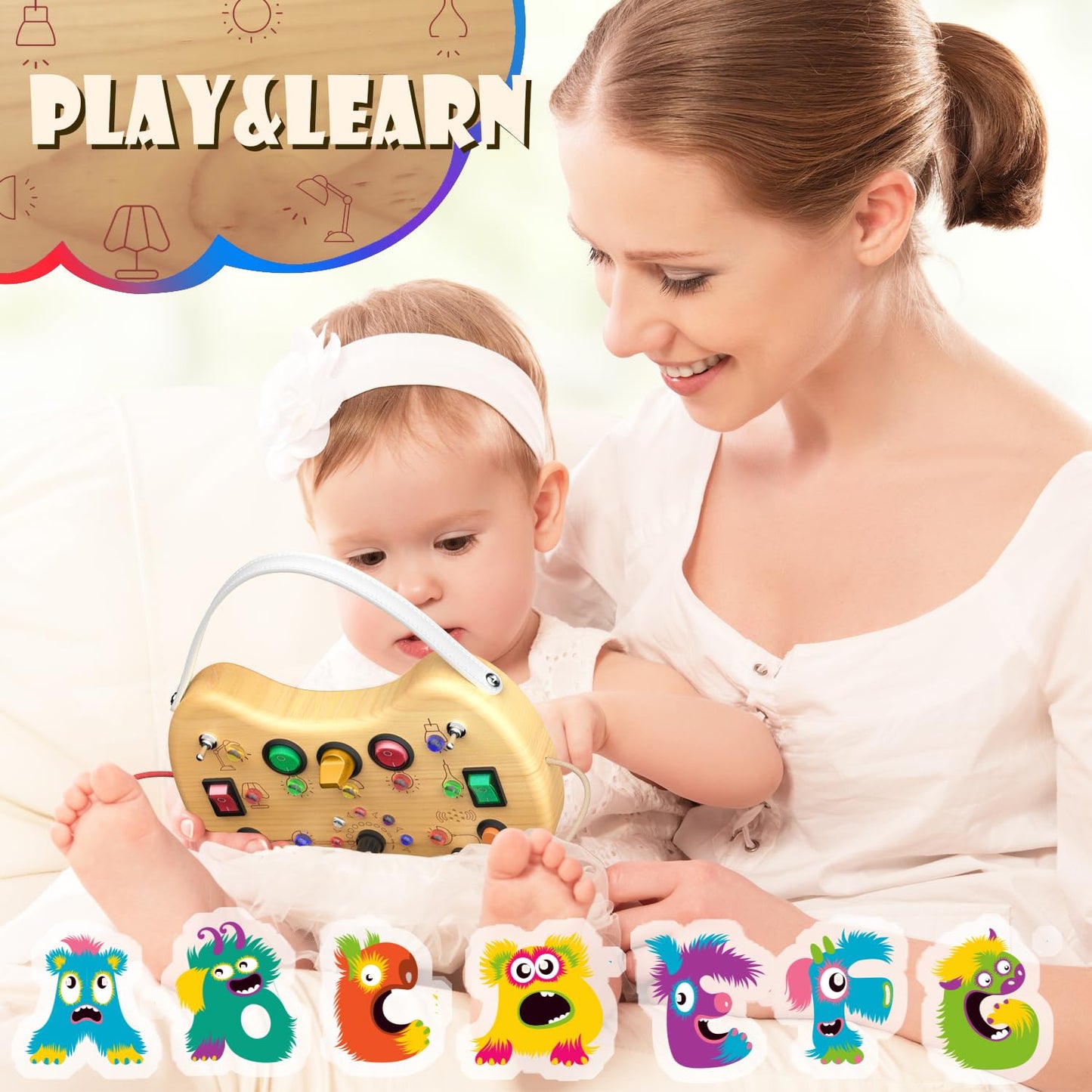 UdoUto Montessori Wooden Busy Board with LED Lights — Portable Travel Toy for 1-3 Year Olds