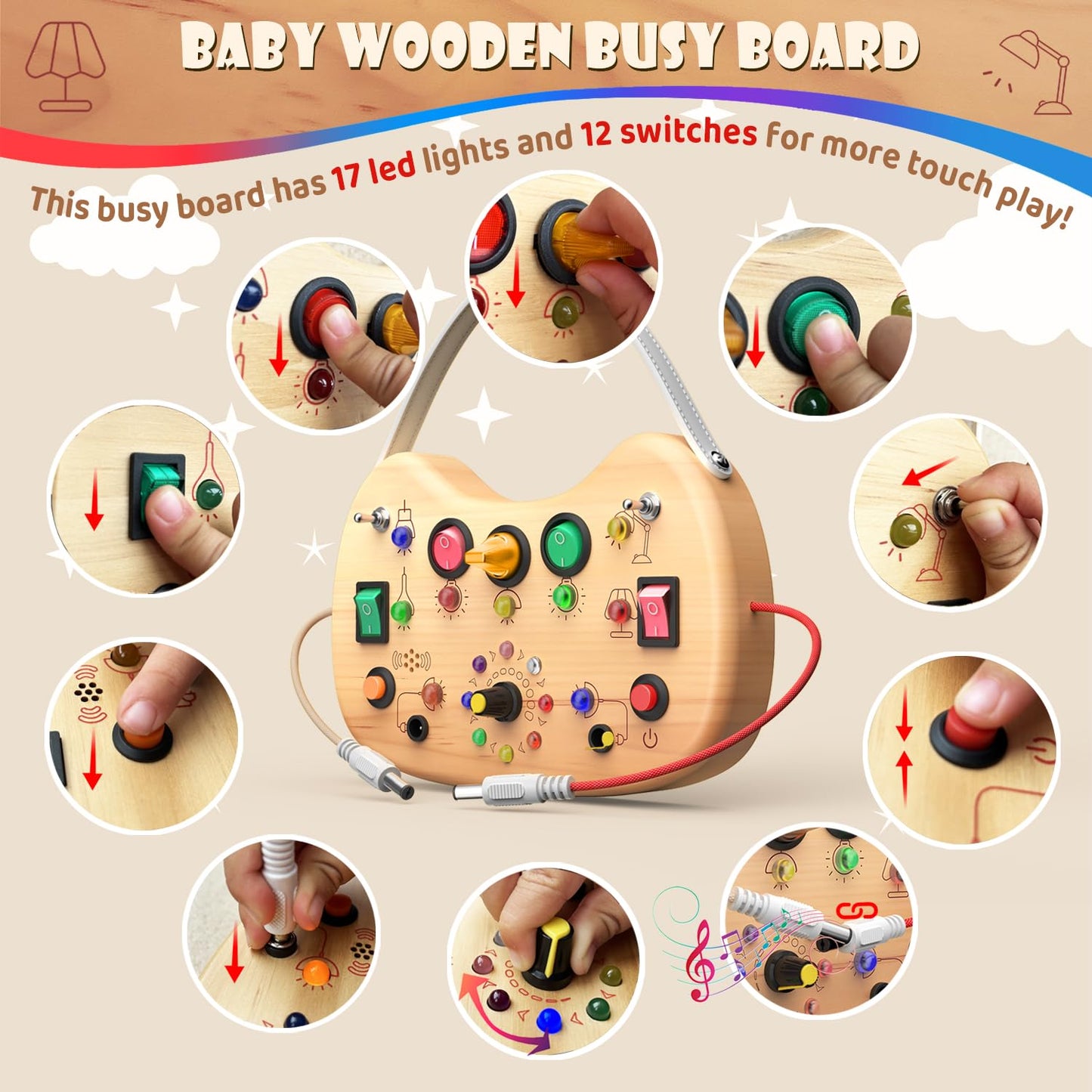 UdoUto Montessori Wooden Busy Board with LED Lights — Portable Travel Toy for 1-3 Year Olds