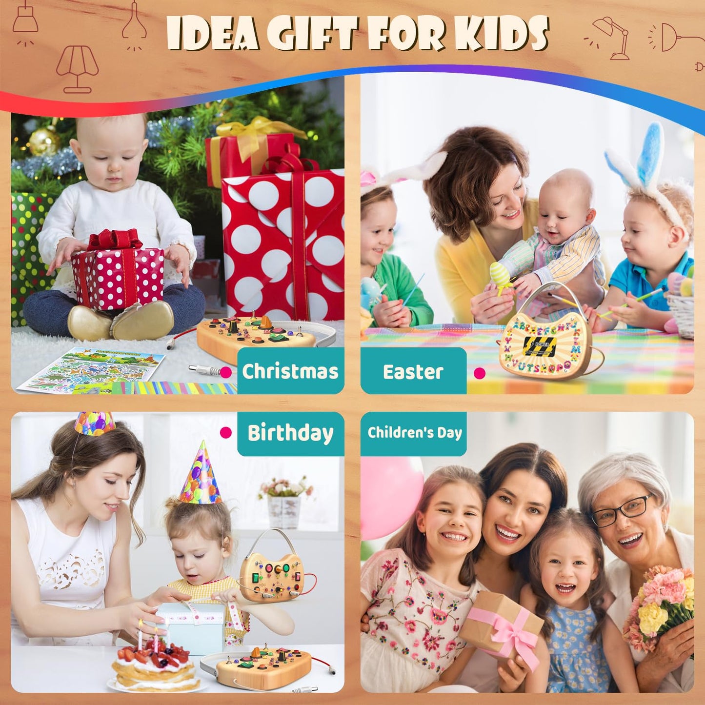 UdoUto Montessori Wooden Busy Board with LED Lights — Portable Travel Toy for 1-3 Year Olds