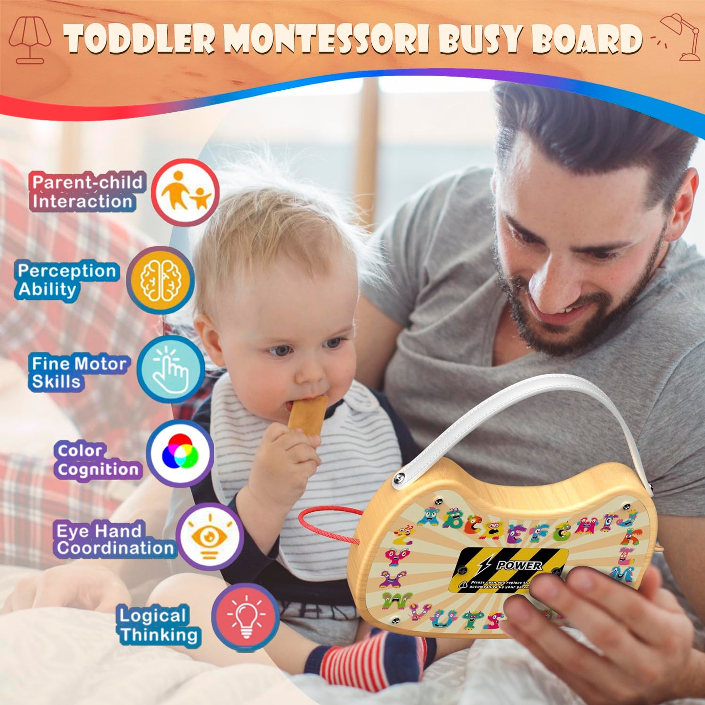 UdoUto Montessori Wooden Busy Board with LED Lights — Portable Travel Toy for 1-3 Year Olds