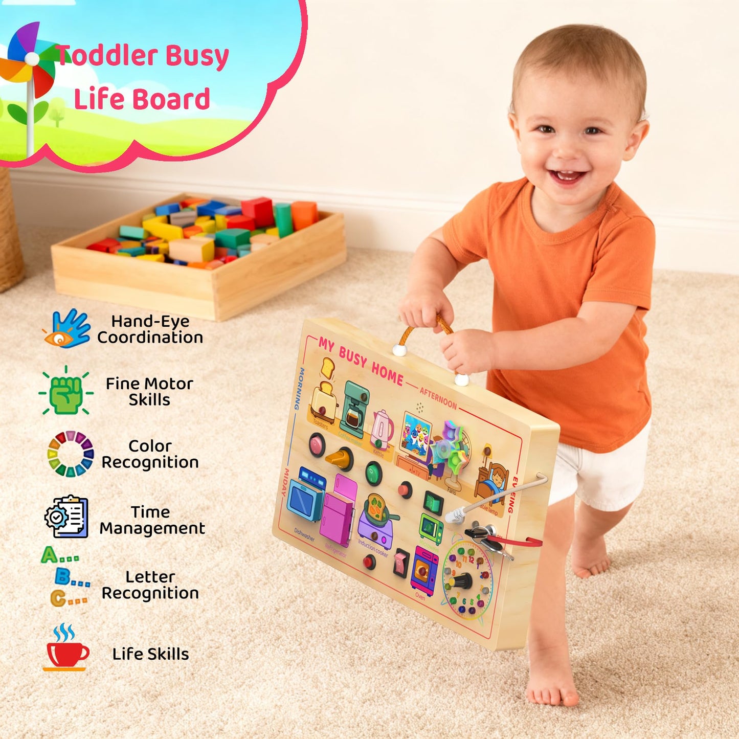 UdoUto My Busy Home Montessori Busy Board – Wooden Sensory Toy for Toddlers 1-3