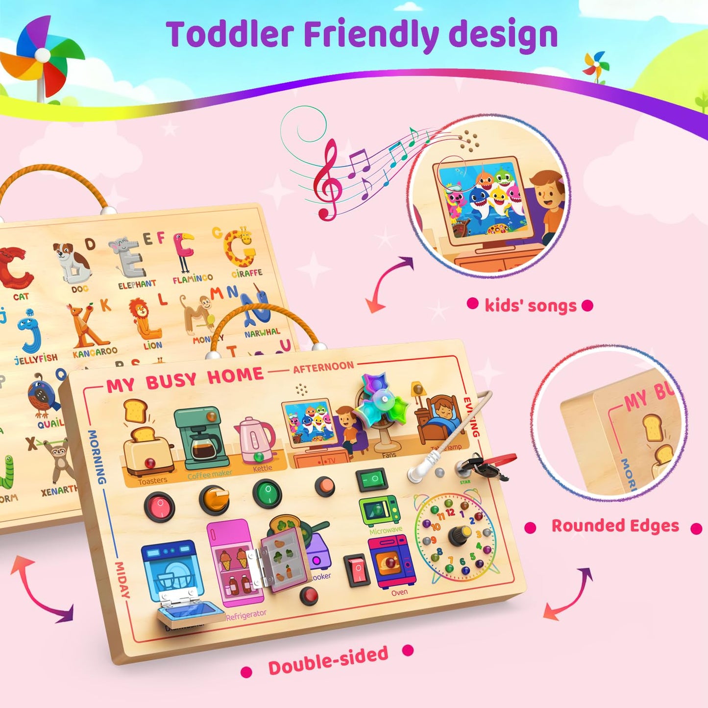 UdoUto My Busy Home Montessori Busy Board – Wooden Sensory Toy for Toddlers 1-3