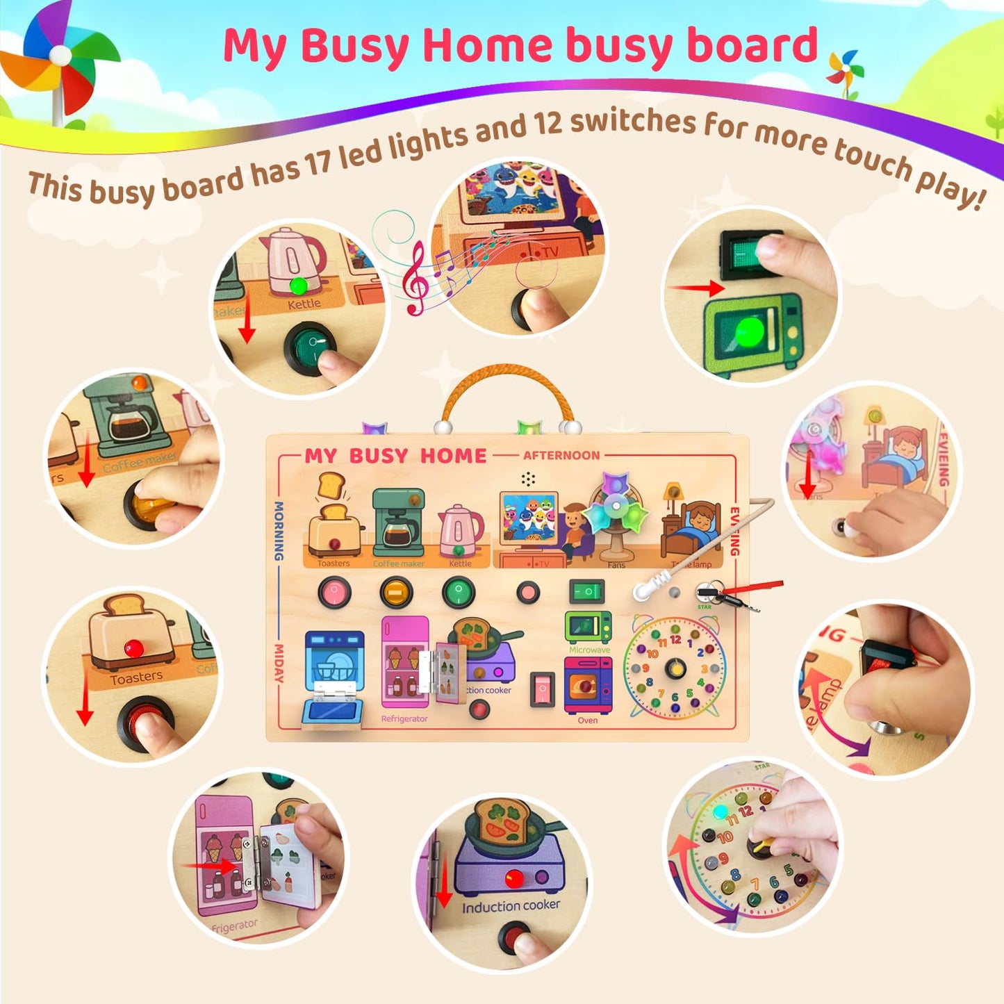 UdoUto My Busy Home Montessori Busy Board – Wooden Sensory Toy for Toddlers 1-3