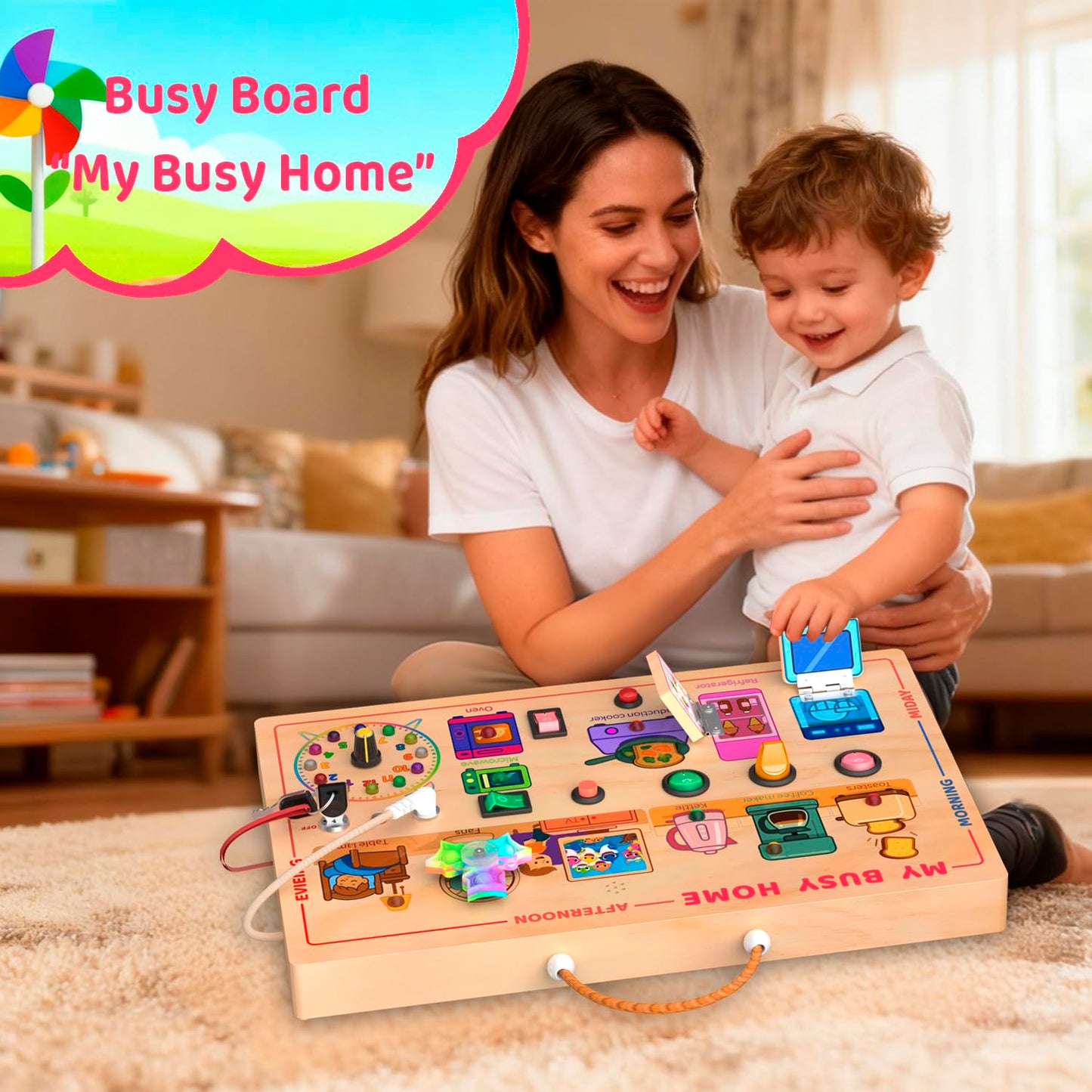 UdoUto My Busy Home Montessori Busy Board – Wooden Sensory Toy for Toddlers 1-3