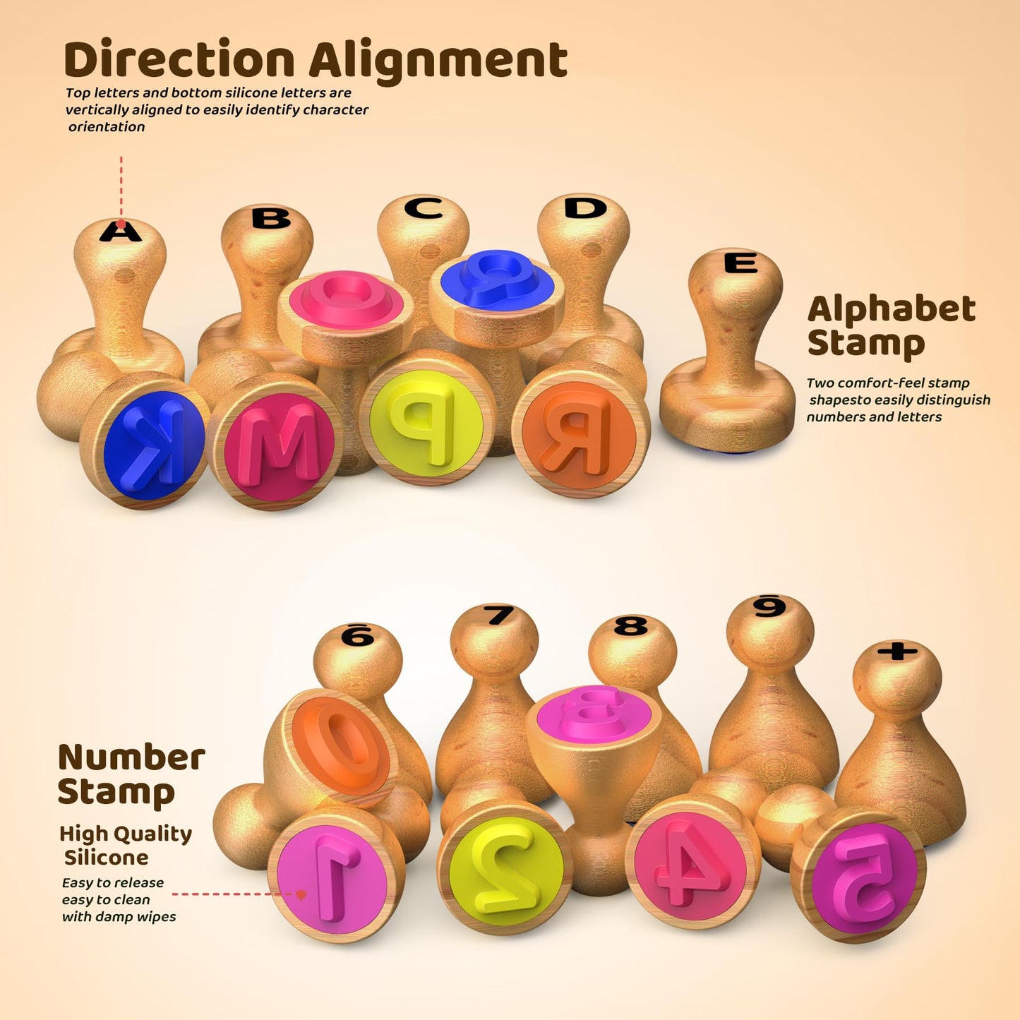 UdoUto Wooden Alphabet & Number Stampers Set with 7-Color Ink Pads | ABCs & 123s Learning