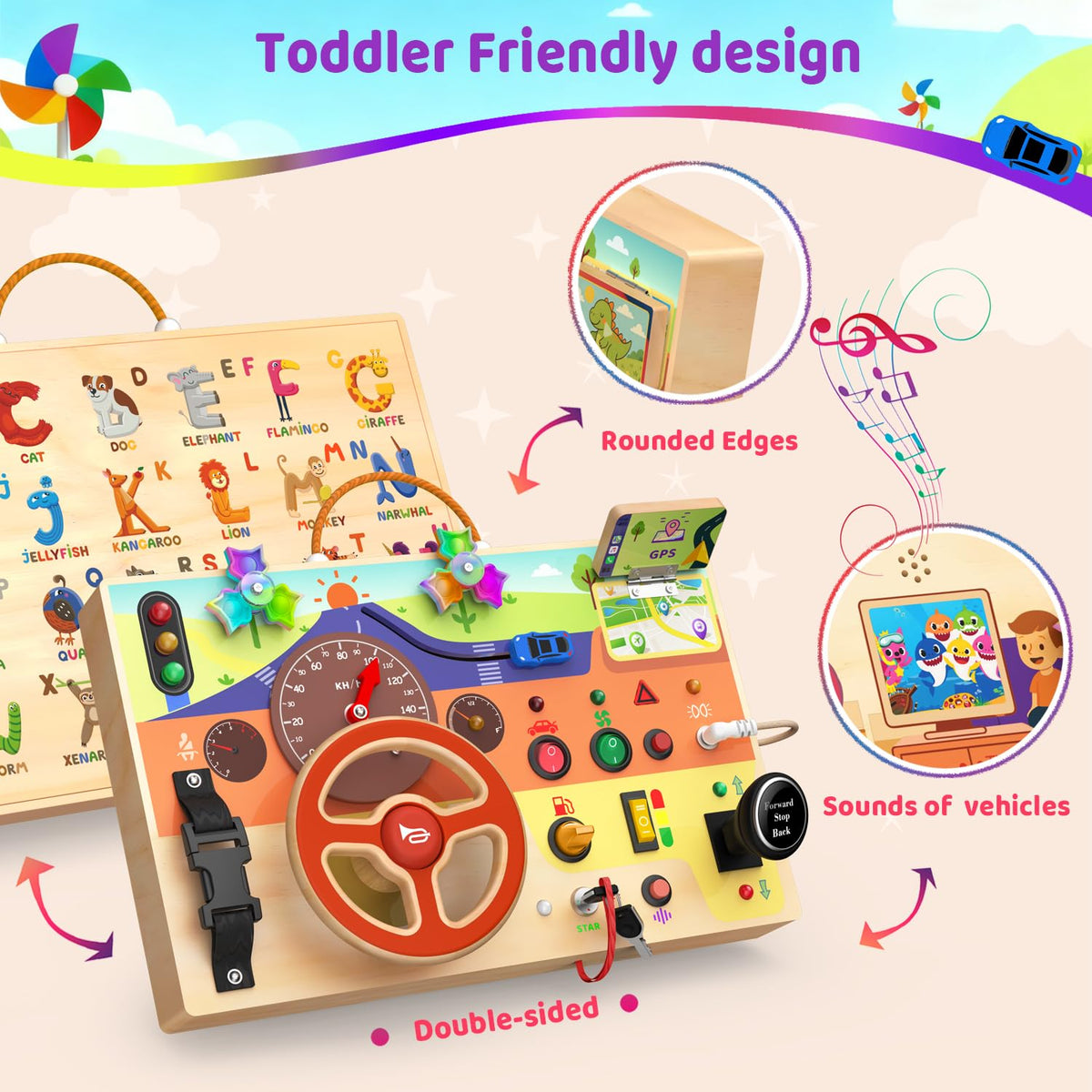 UdoUto Montessori Busy Board – Steering Wheel Car Toy for Toddlers 1-3