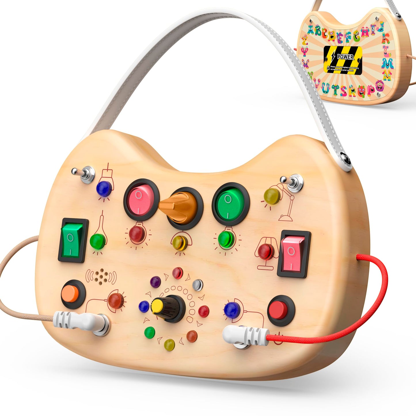 UdoUto Montessori Wooden Busy Board with LED Lights — Portable Travel Toy for 1-3 Year Olds