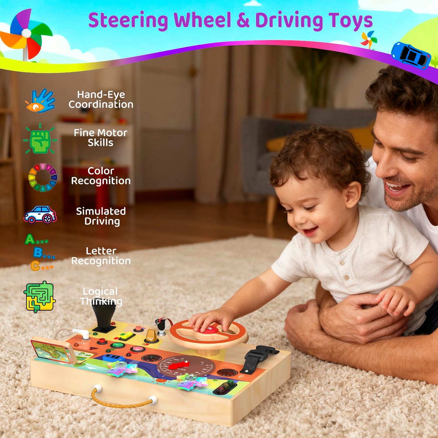 UdoUto Montessori Busy Board – Steering Wheel Car Toy for Toddlers 1-3
